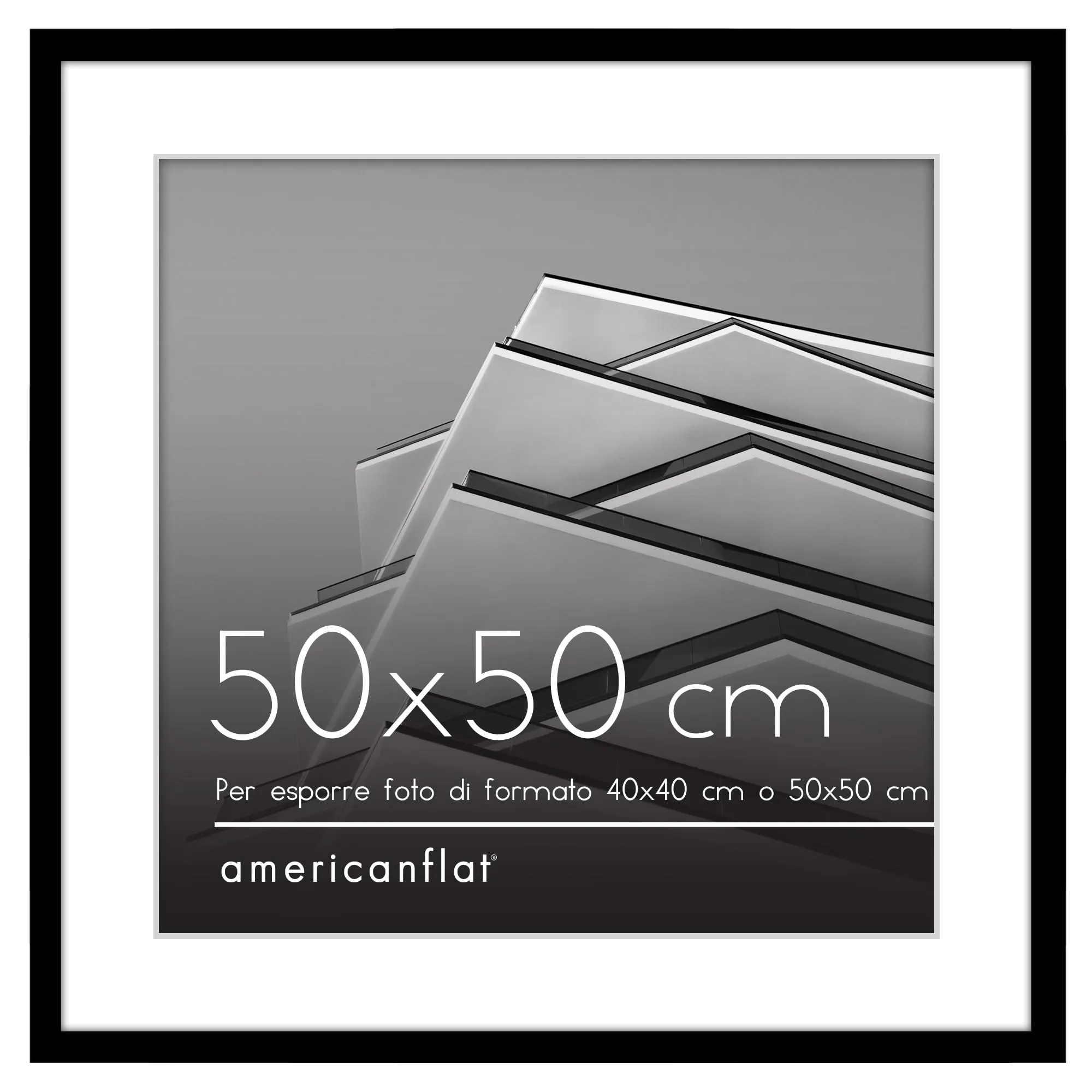 Americanflat Cornice 50x50 cm Nera - Cornice 40x40 cm con Passepartout o 50x50 cm Senza Passepartout - Portafoto con Bordo Sottile in PVC e Pannello Protettivo in Plastica