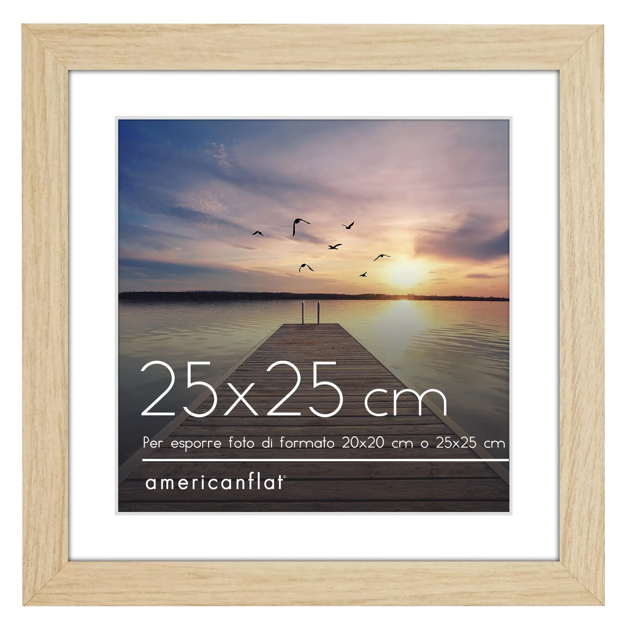 Americanflat Cornice 25x25 cm Rovere Chiaro - Cornice Foto 20x20 cm con Passepartout o 25x25 cm senza Passepartout - Portafoto con Vetro Antiurto e Cavalletto - Cornice Quadrata da Parete e da Tavolo