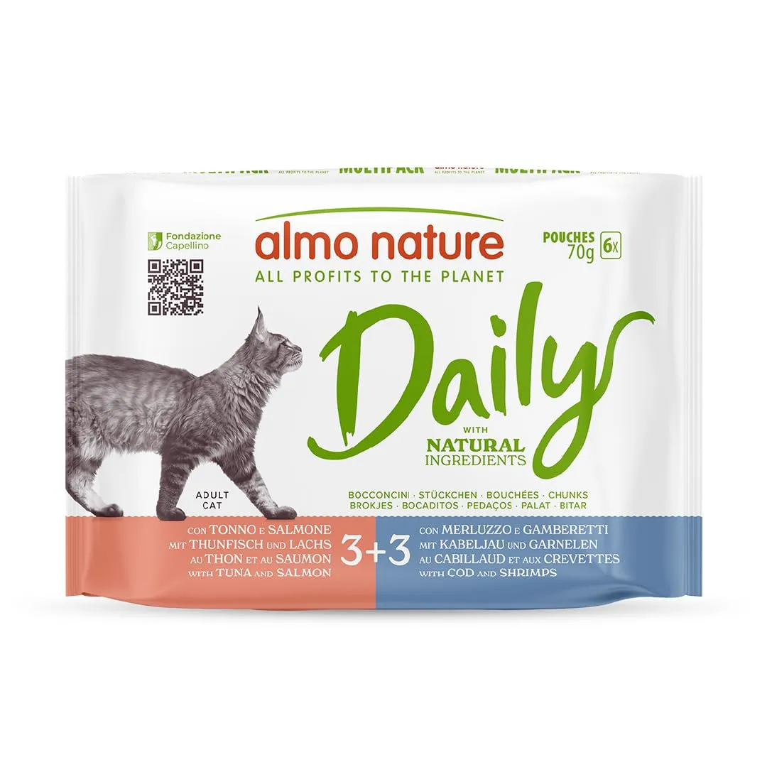 Almo Nature Daily - Cibo Umido per Gatti Adulti - Bocconcini - Tonno e Salmone, Merluzzo e Gamberetti - 70 g, Confezione da 6