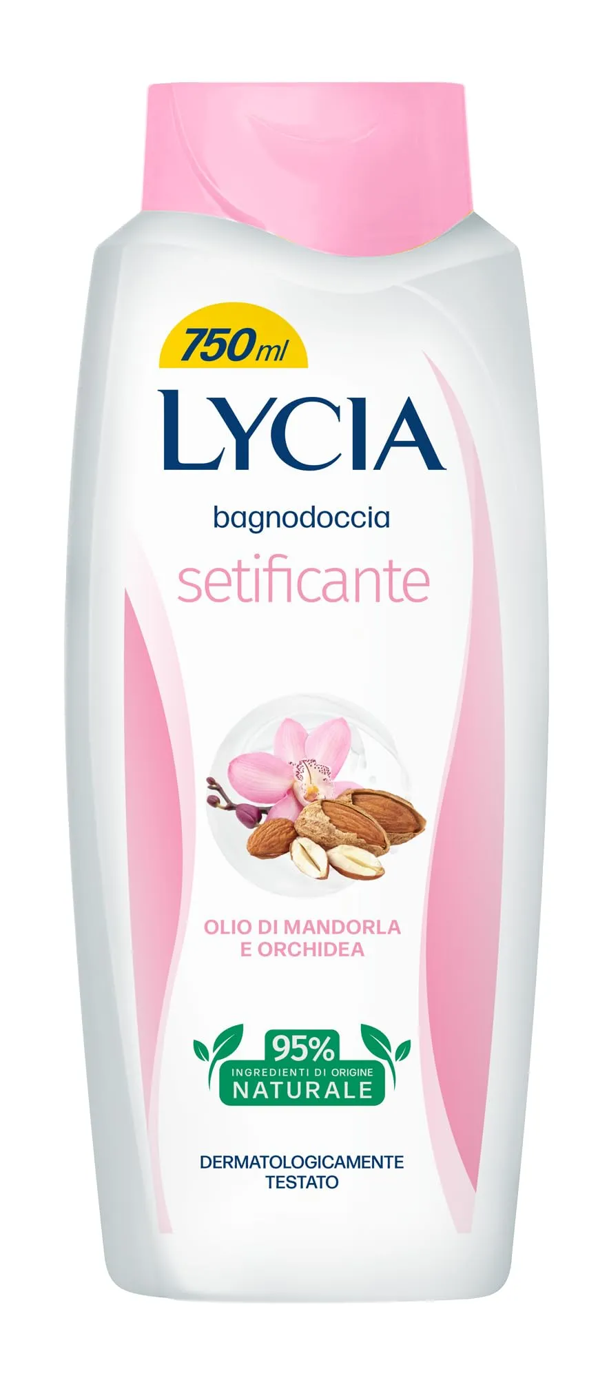 Lycia, Bagnoschiuma Setificante con Olio di Mandorla e Orchidea per una Pelle Morbida, Liscia e Vellutata come la Seta, Profumo Dolce e Delicato, Ingredienti di Origine Naturale, 750 ml