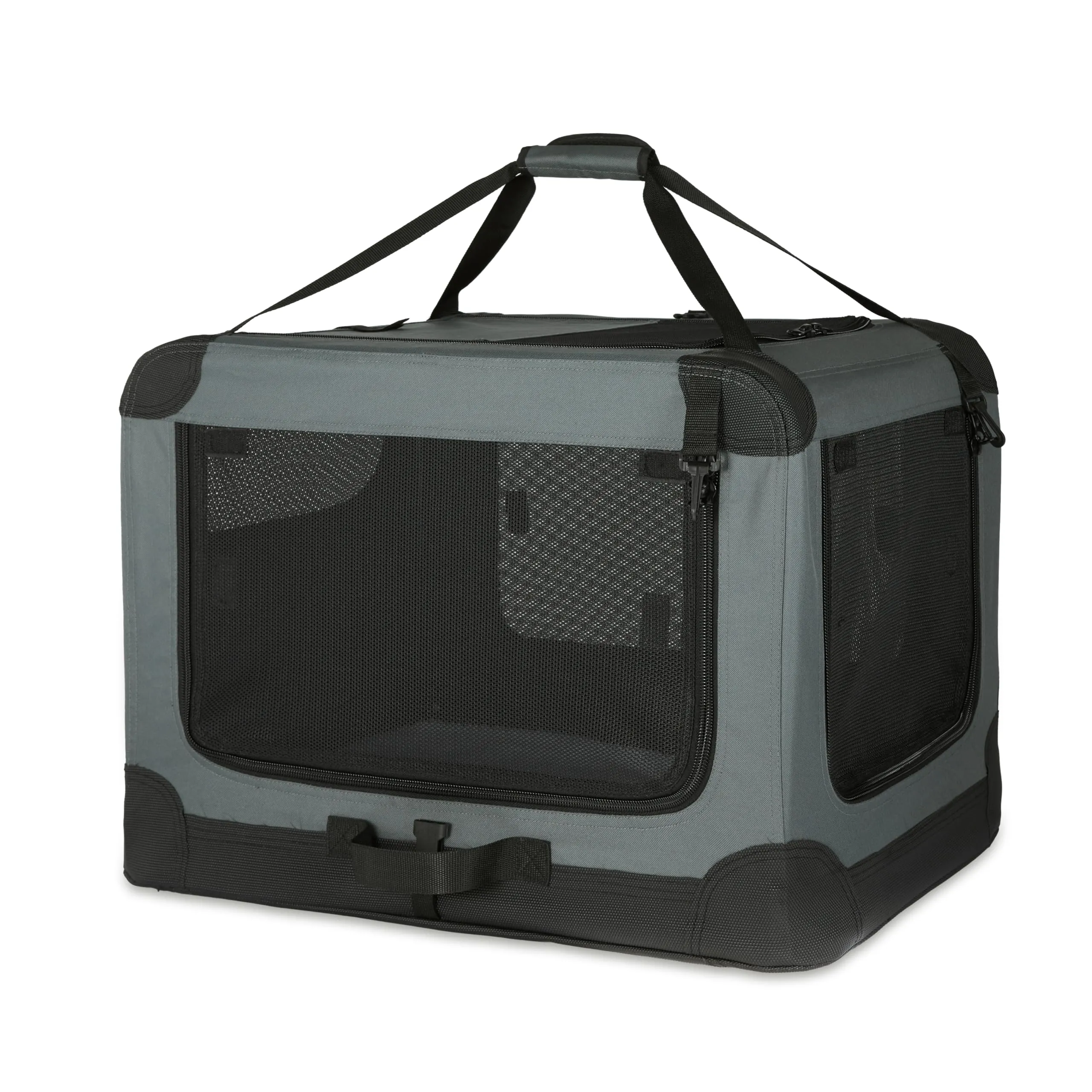 Amazon Basics Trasportino portatile e pieghevole a 4 porte, Gatti, cani, conigli e altri piccoli animali, da viaggio, con lati morbidi, Grigio, L 91 cm x 61 cm x 61 cm