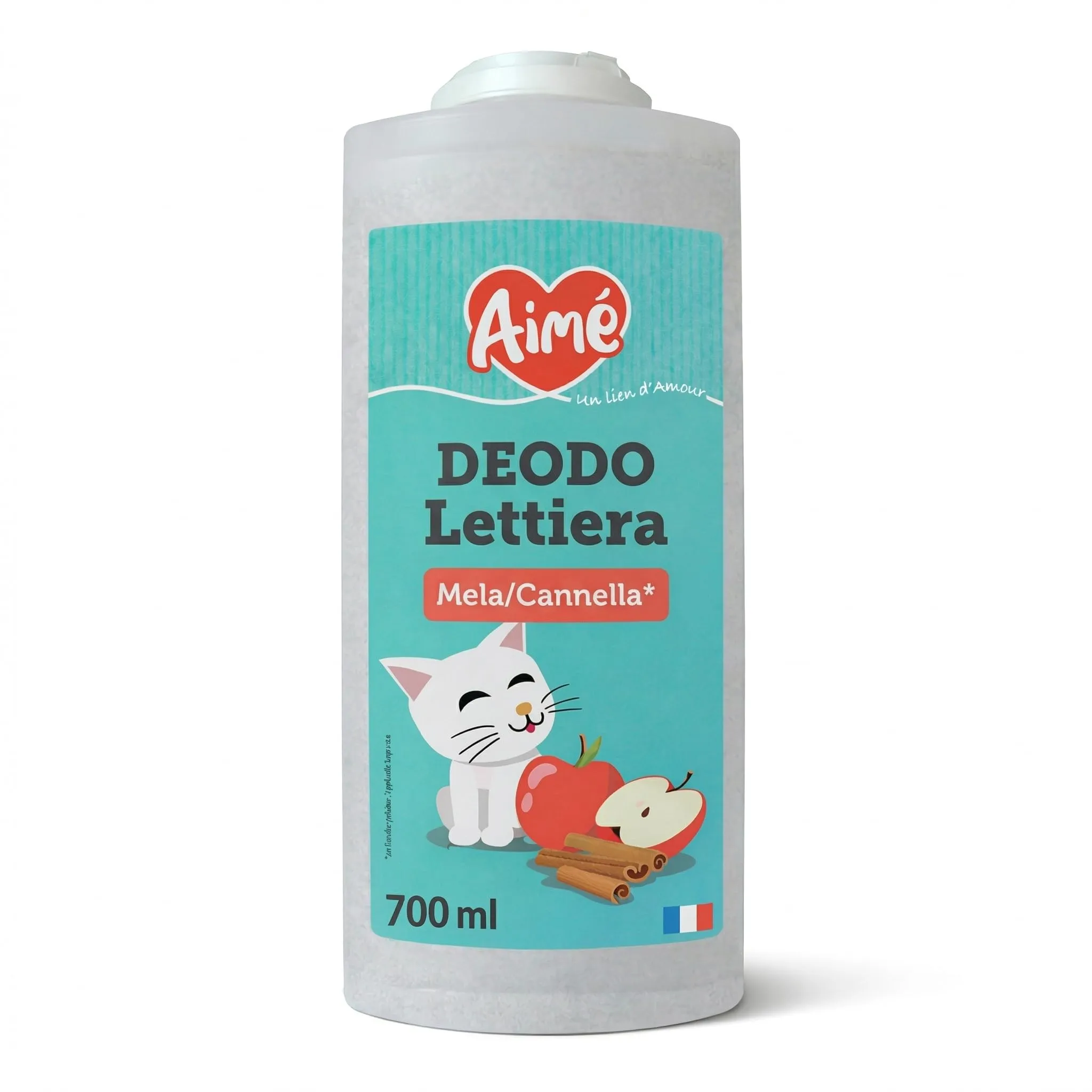 Aimé | Deodorante Lettiera Gatto Anti Odori 700ml | Granuli Assorbitore Odori Realizzati in Tobermorite | Profumo di Mela Cannella
