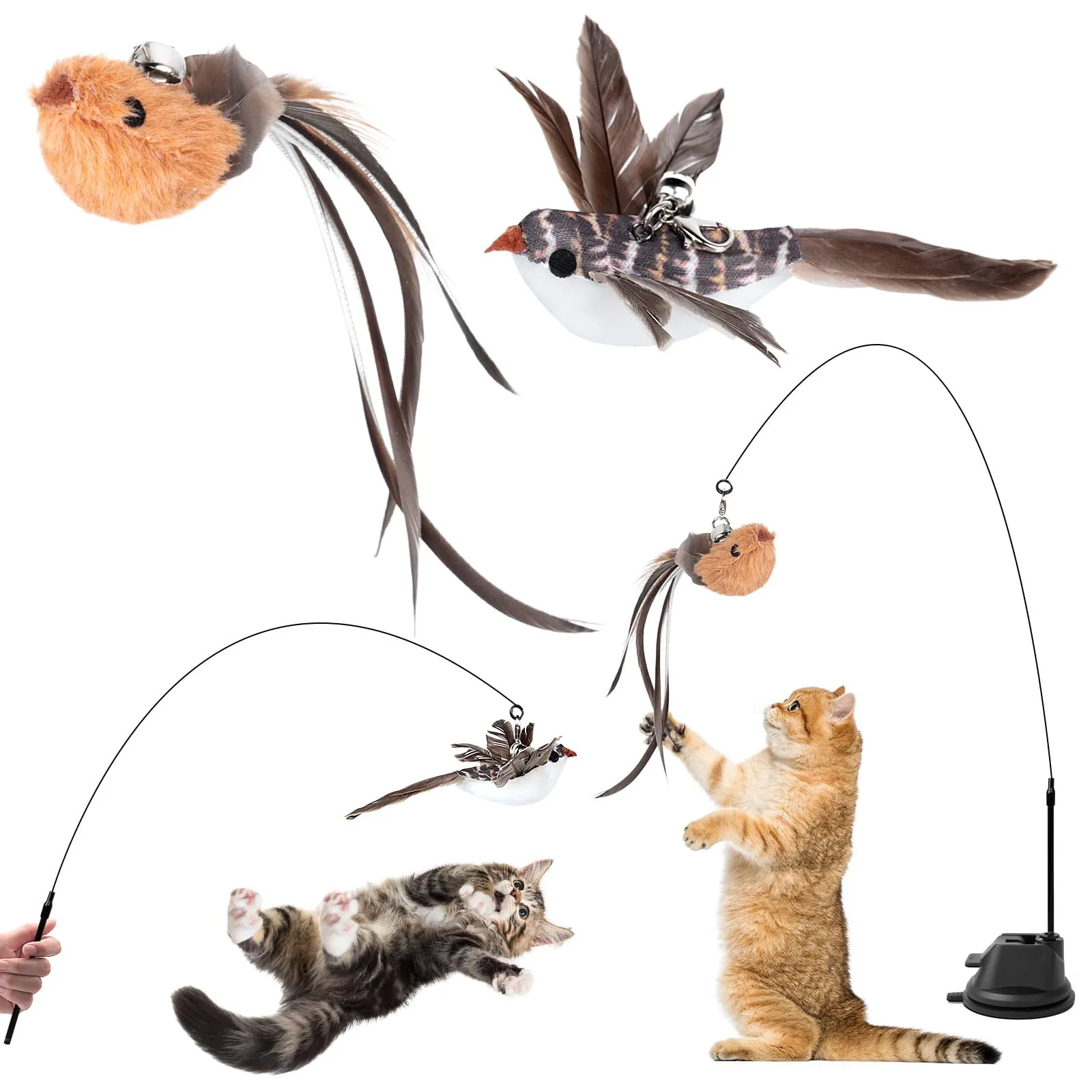 AiQInu 4 Pezzi Giochi per Gatti, Gioco Gatto Interattivo con Ventosa, 1 Canna Pesca per Gatti con 2 Uccelli a Campana, Giocattolo di Intelligenza per Gatti a Bacchetta