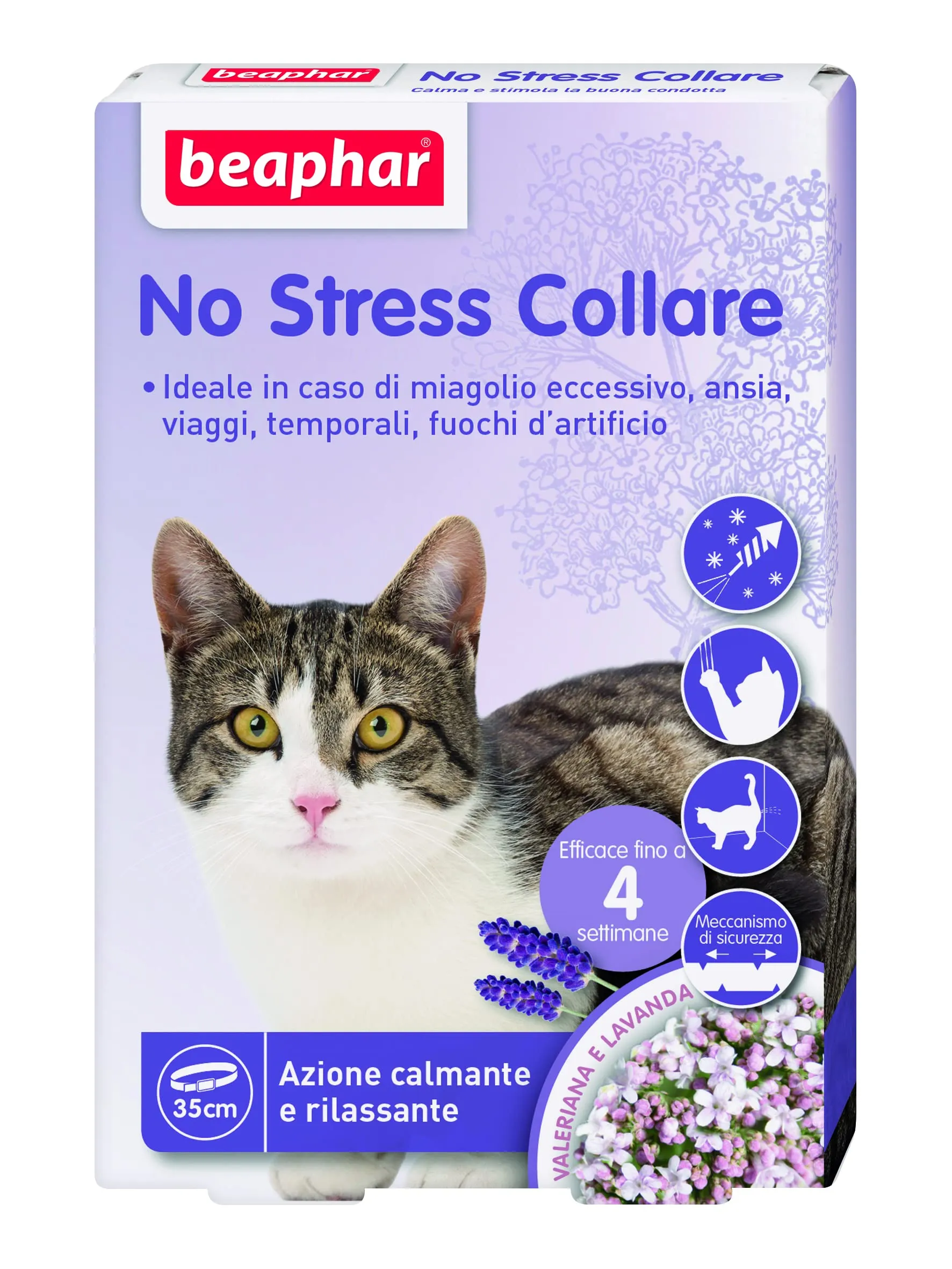 Beaphar No stress, collare calmante alla Valeriana per gatti, riduce lo stress e i problemi comportamentali, 1 collare 35 cm