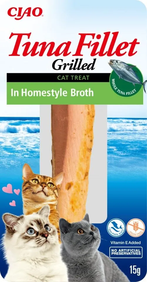 INABA Filetti di Tonno alla Griglia - Leccornia per gatti con filetto di tonno - Brodo aromatizzato con gamberetti - in brodo fatto in casa - 1 x 15 g
