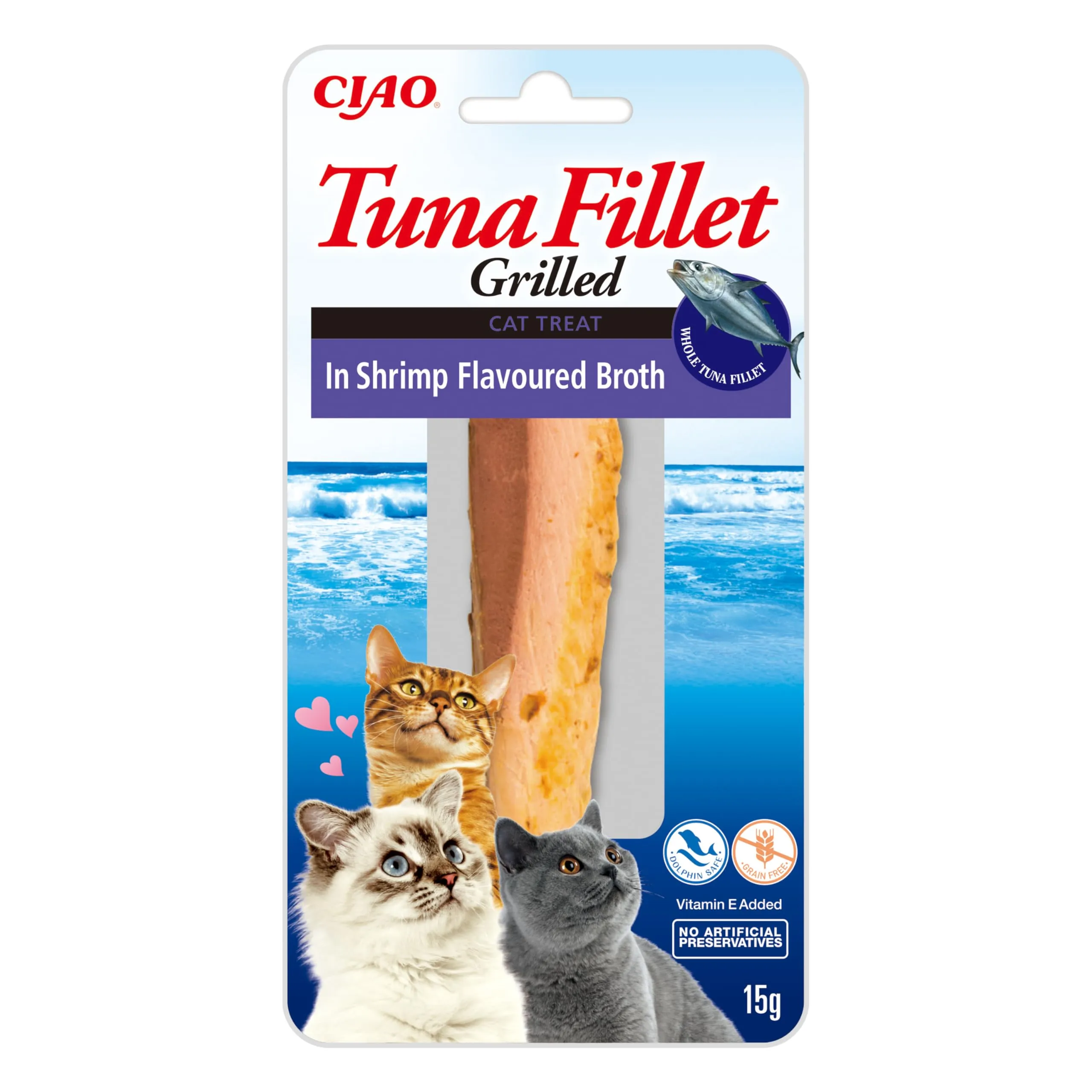 INABA Filetti di Tonno Grigliato per Gatti, in Brodo al Gusto di Gamberetti - Snack Gatto Ricco di Antiossidanti Senza Conservanti o Coloranti Artificiali, Grain-Free - Cibo per Gatti, 1 Filetto x 15g
