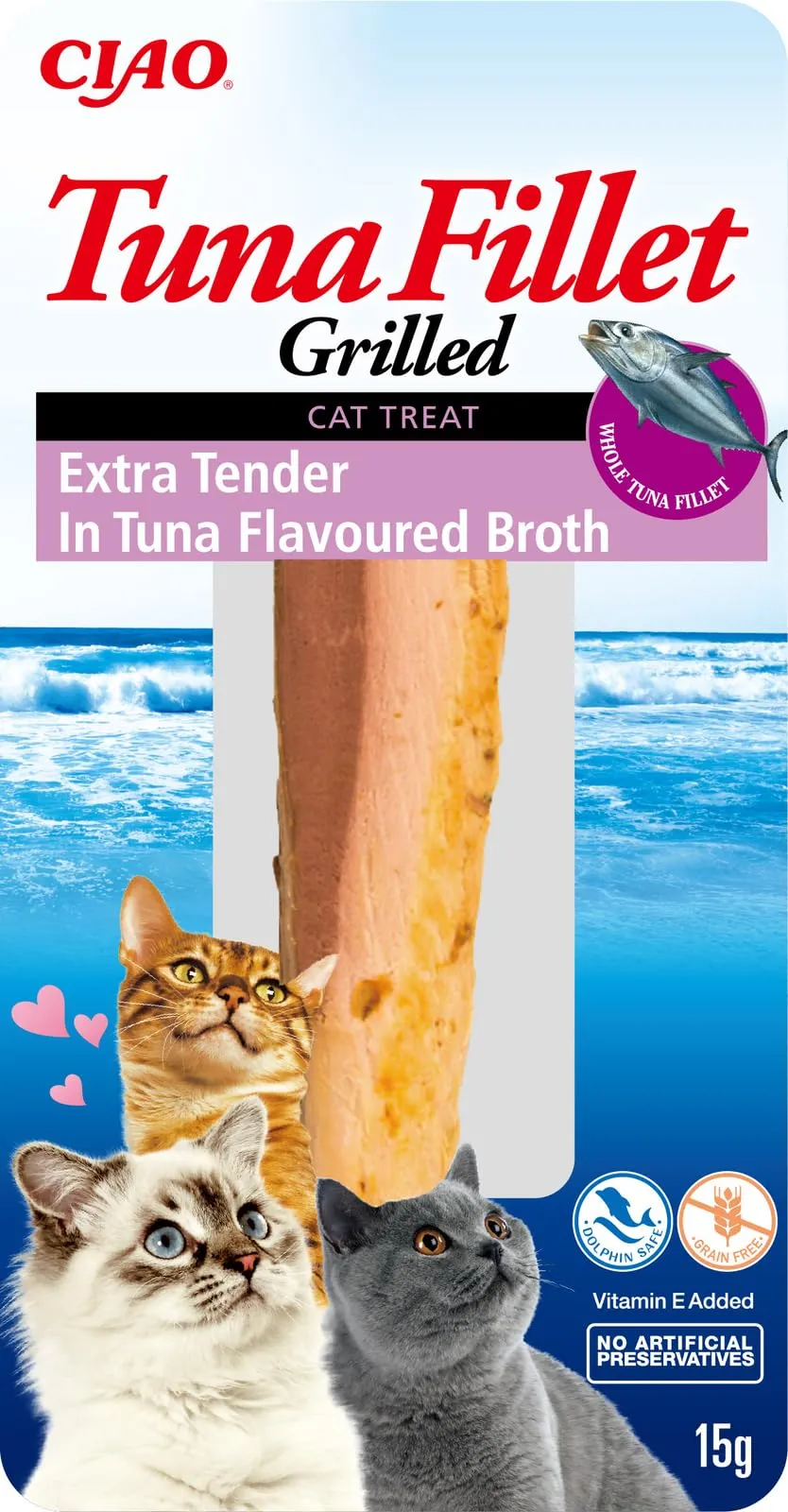 INABA Tuna Fillet Grilled - Leccornia per gatti con filetto di tonno - Brodo aromatizzato con gamberetti - Extra tenero in brodo aromatizzato al tonno - 12 filetti da 15g cad.