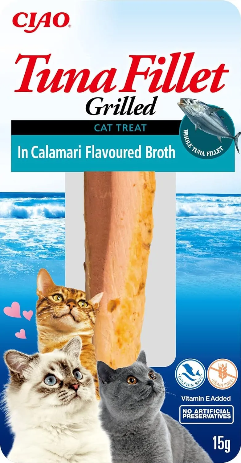INABA Filetti di Tonno Grigliato per Gatti, in Brodo al Gusto di Calamari - Snack Gatto Ricco di Antiossidanti Senza Conservanti o Coloranti Artificiali, Grain-Free - Cibo per Gatti, 1 Filetto x 15g