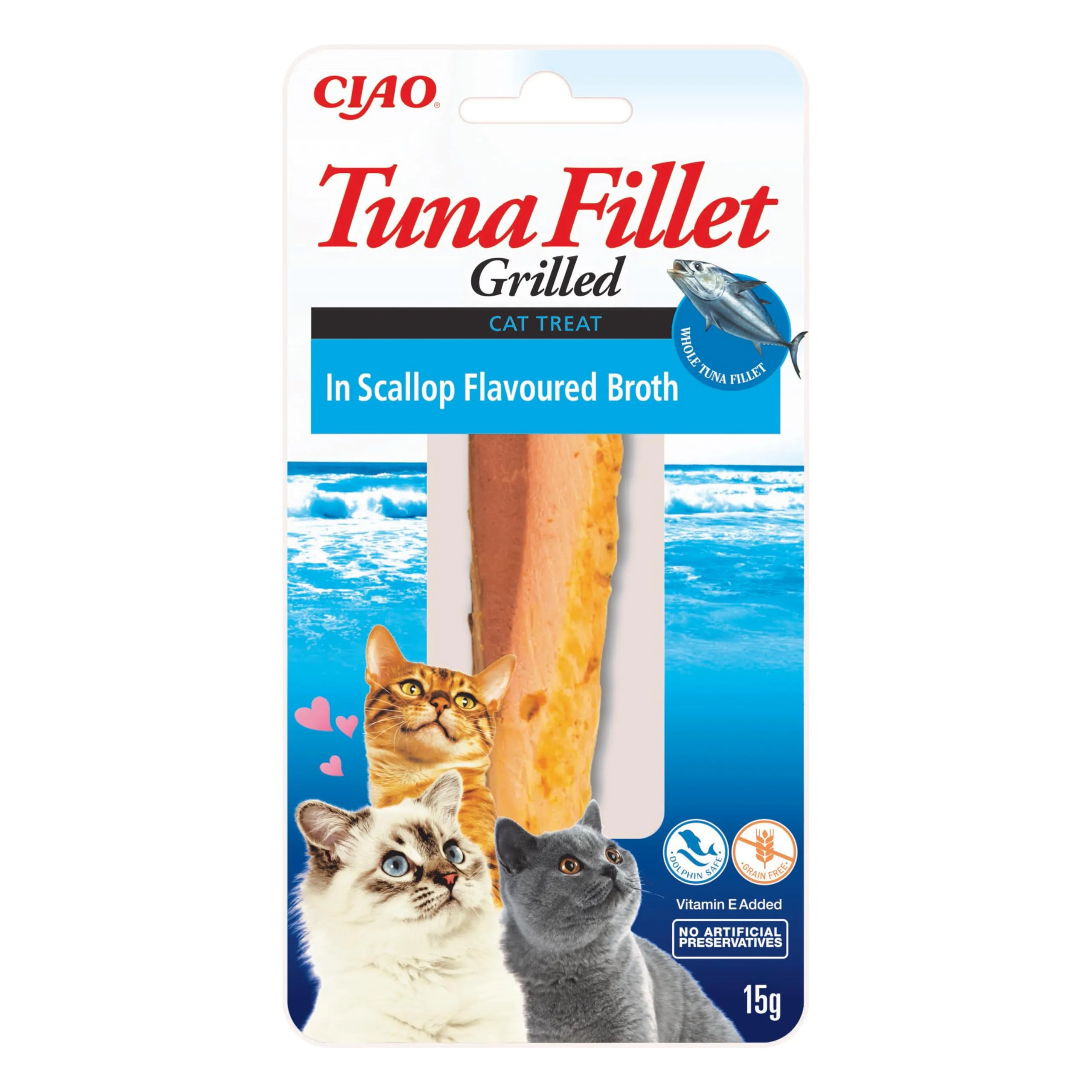 INABA Filetti di Tonno Grigliato per Gatti, in Brodo al Gusto di Capesante - Snack Gatto Ricco di Antiossidanti Senza Conservanti o Coloranti Artificiali, Grain-Free - Cibo per Gatti, 1 Filetto x 15g