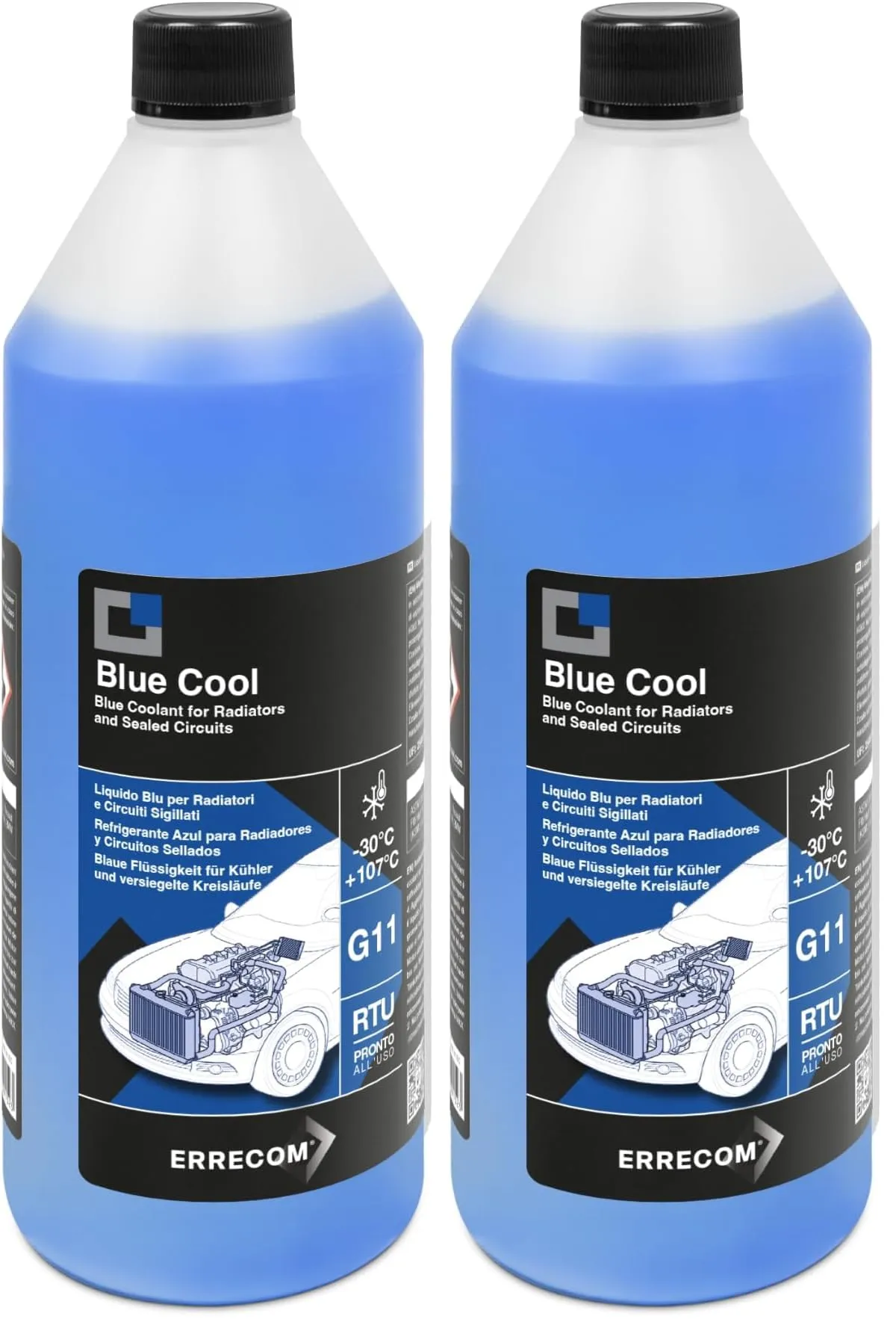ERRECOM Blue Cool, Liquido Radiatore Blu -30°C/+107°C, antigelo G11 con Pacchetto inibitore Nap Free, Pronto all’Uso, 1 Litro (Confezione da 2)