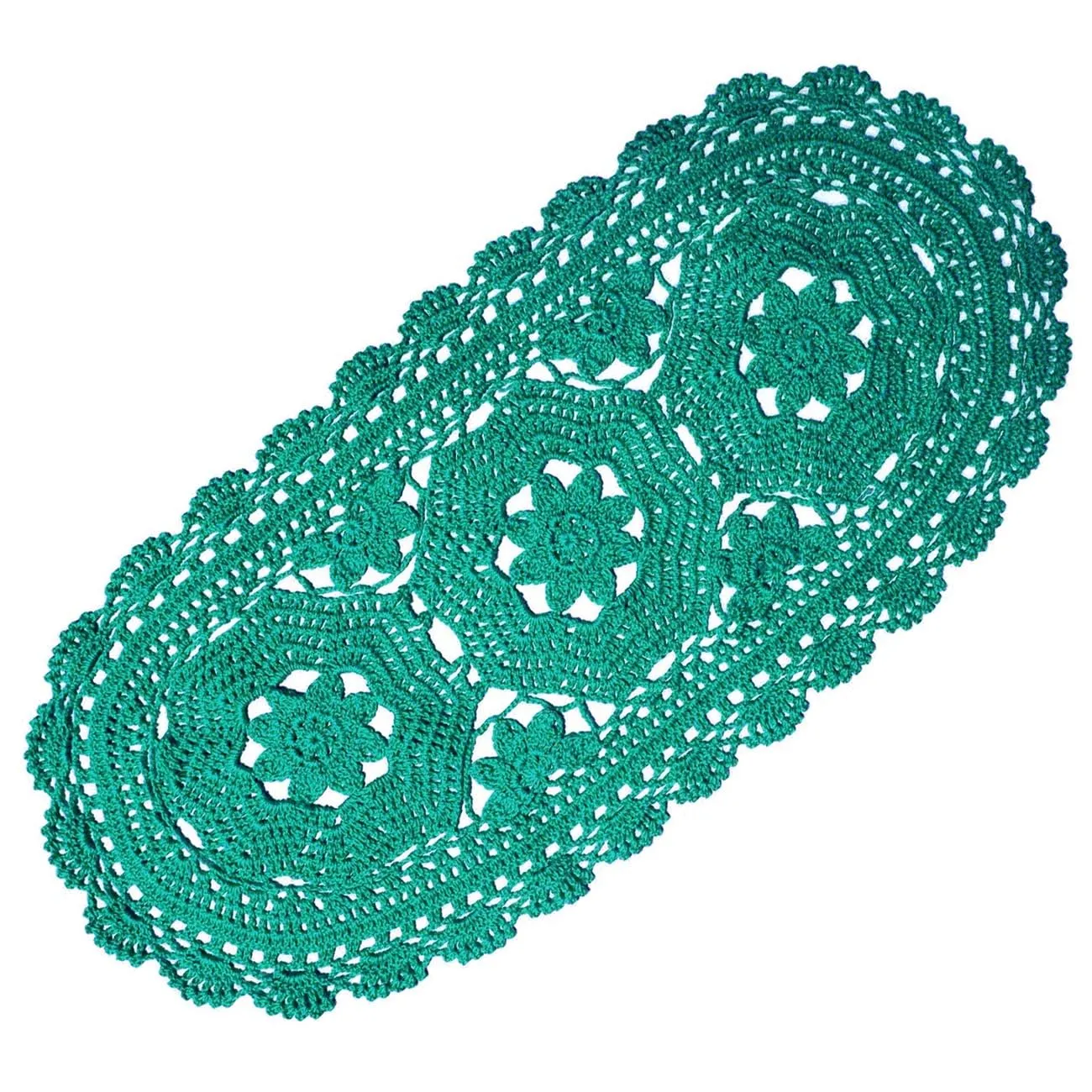 BOMHCS Centrino ovale in pizzo 28 x 55 cm, fatto a mano, all'uncinetto, runner da tavola con fiori, tovagliette da cucina (verde peaccok, 1 pezzo)