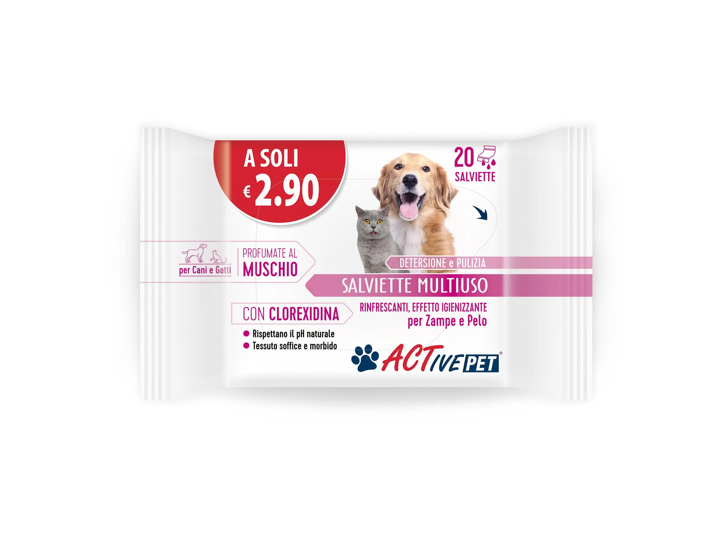 F & F Active Pet Salviette Multiuso con Clorexidina, 20 Salviette