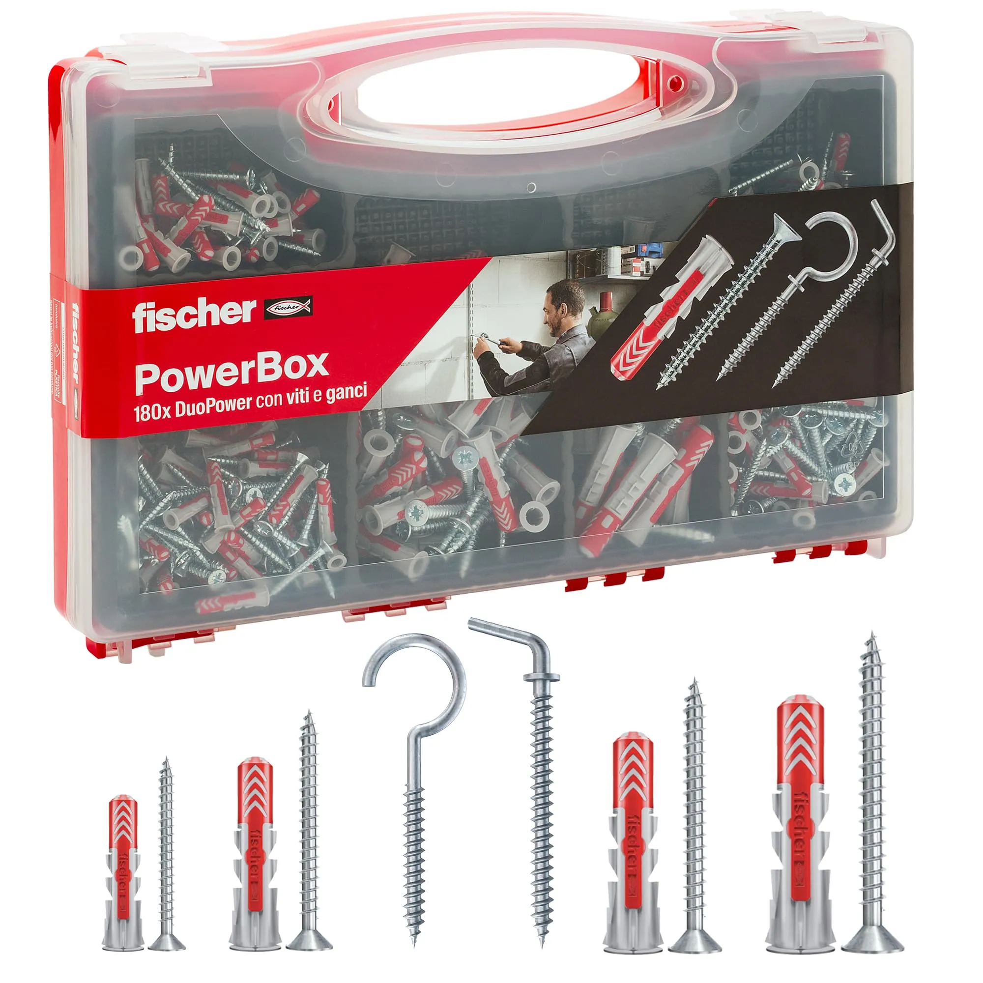 Fischer PowerBox 180 Tasselli DuoPower con Viti e Ganci, per Muro Pieno, Forato e Cartongesso, 360 Pz totali, 564282