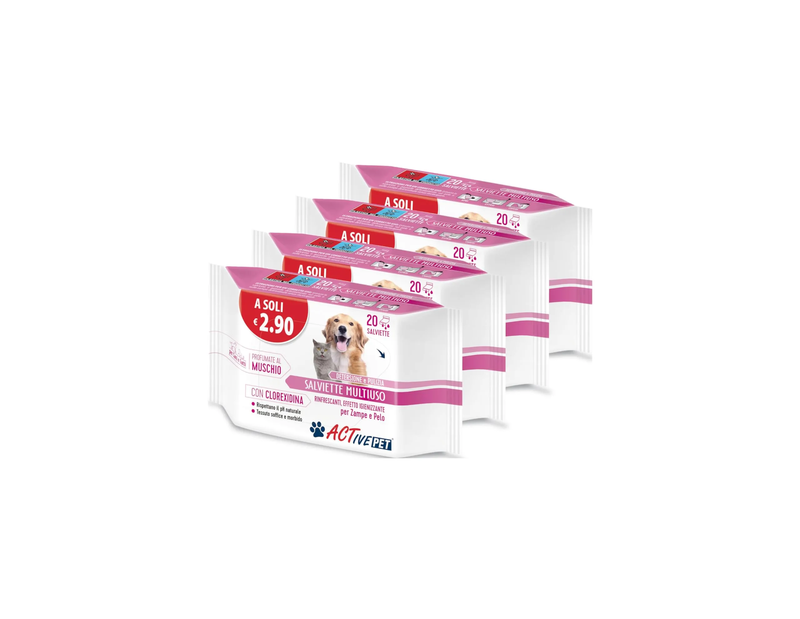 F & F Active Pet Salviette Multiuso, con Clorexidina, 4x20 Salviette