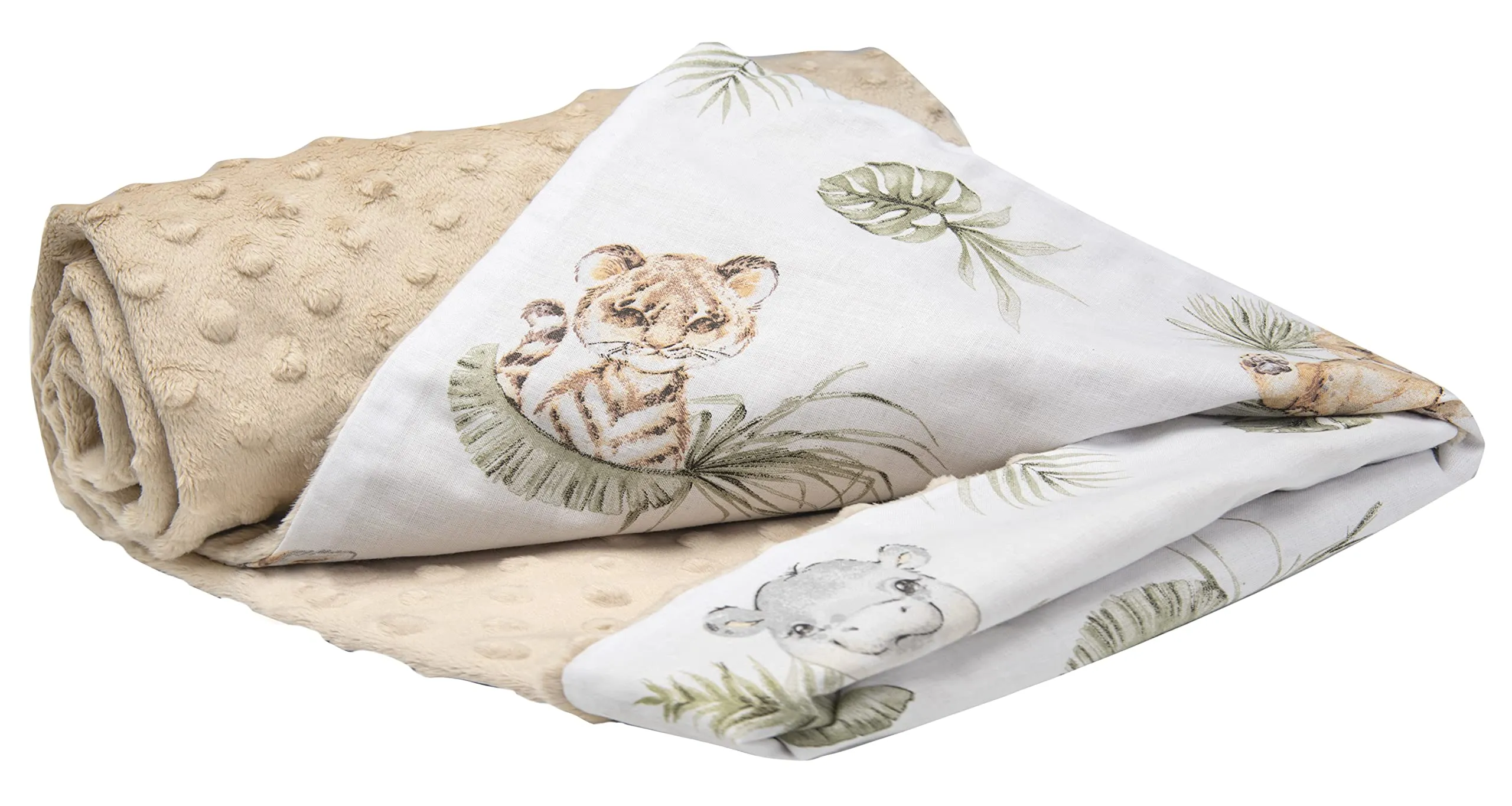 Medi Partners Coperta per Neonata Copertina Neonato per lettino - 100% Cotone 75x100cm naturale Blanket Neonati Invernale Estate Bifacciale Carrozzina Bambino (Safari con Minky beige)
