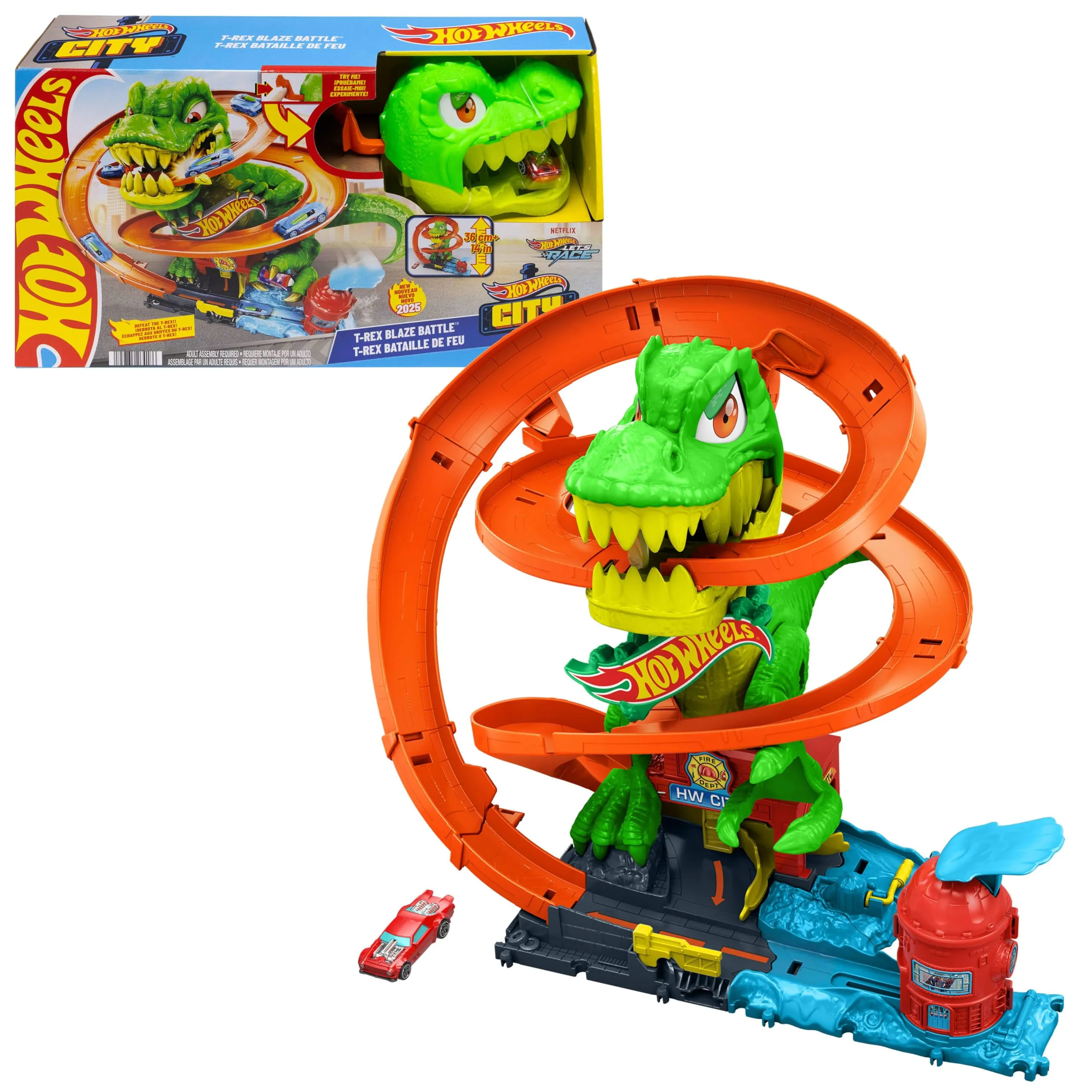 Hot Wheels T-Rex Battaglia Infuocata con macchinina in Scala 1:64