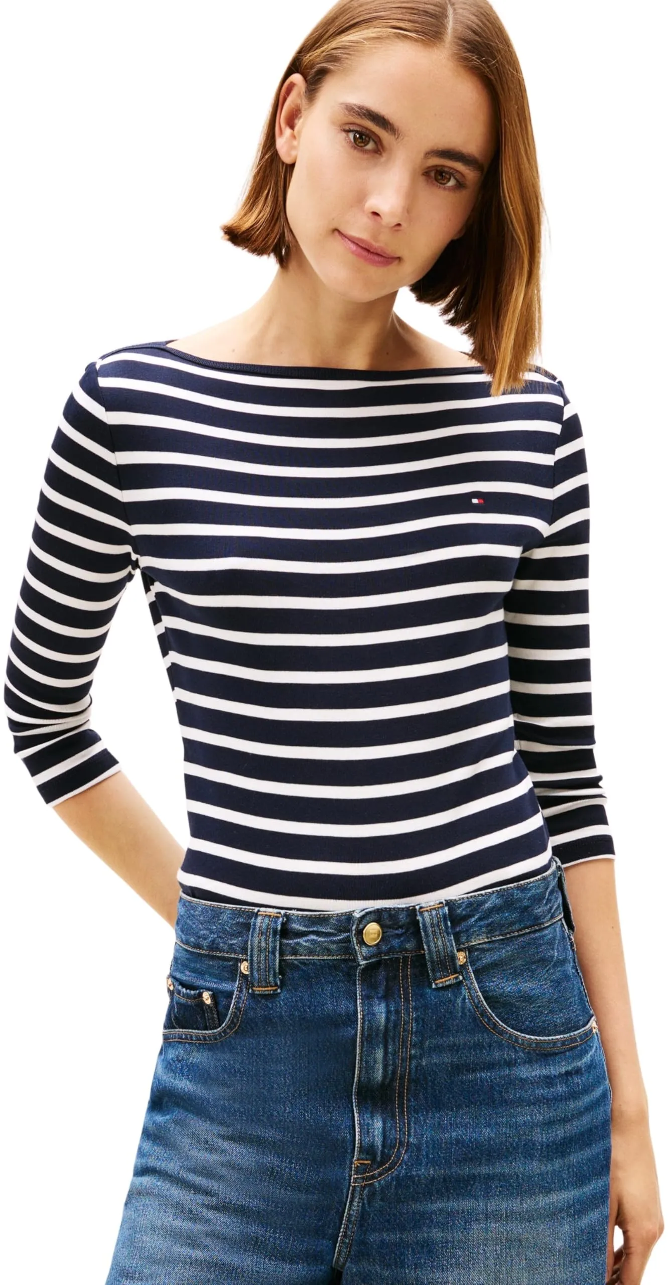 Tommy Hilfiger Donna Maglietta Maniche Lunghe New Cody Slim Scollo a Barca, Multicolore (NOS Breton Desert Sky/Ecru), XL
