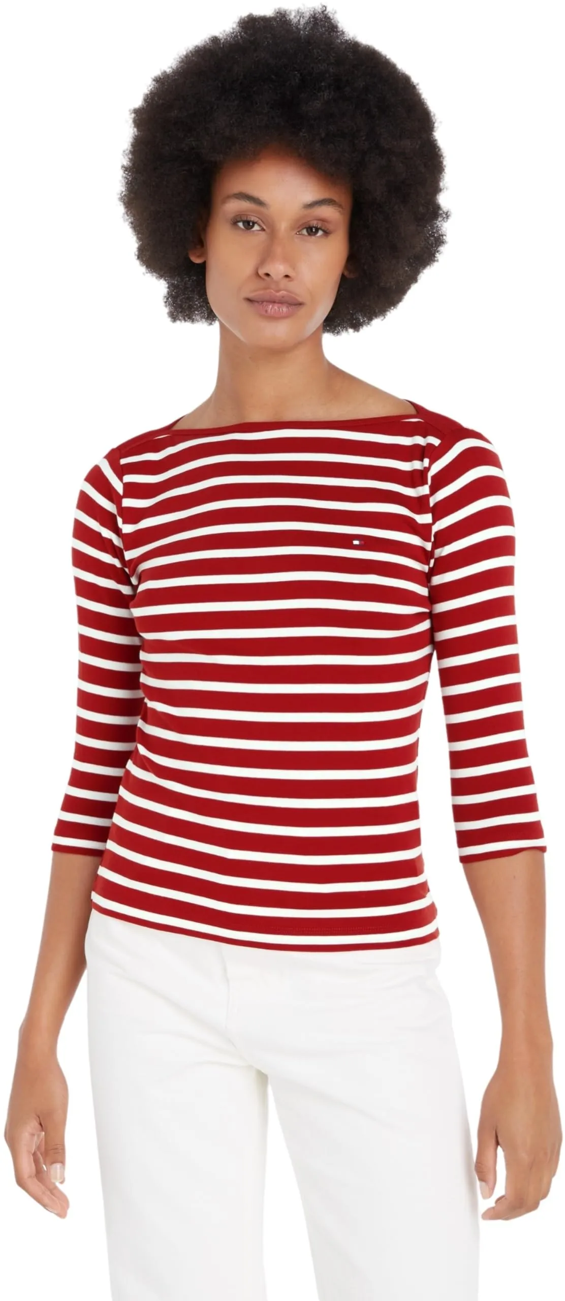Tommy Hilfiger Donna Maglietta Maniche Lunghe New Cody Slim Scollo a Barca, Multicolore (Breton STP/Dark Magma/Ecru), XXS