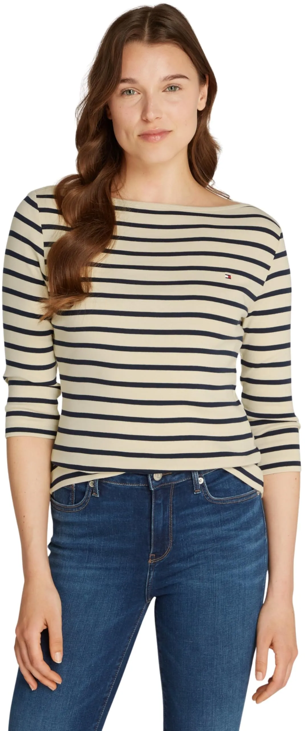 Tommy Hilfiger Donna Maglietta Maniche Lunghe New Cody Slim Scollo a Barca, Multicolore (Fine STP Country Ivory/Drk N Navy), XXS