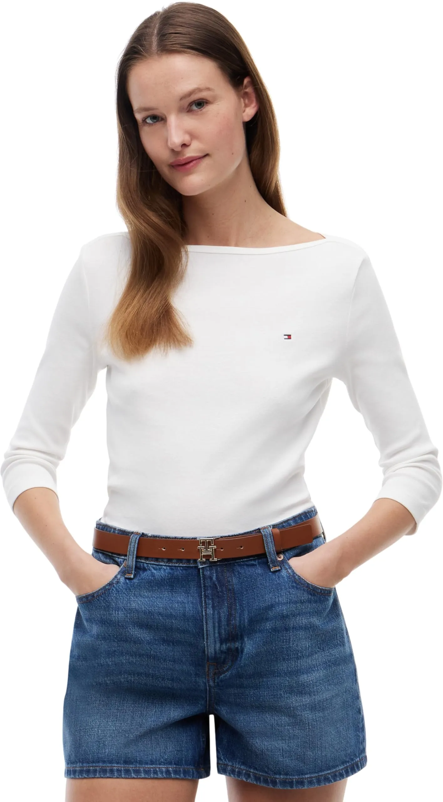 Tommy Hilfiger Donna Maglietta Maniche Lunghe New Cody Slim Scollo a Barca, Bianco (NOS Ecru), XS
