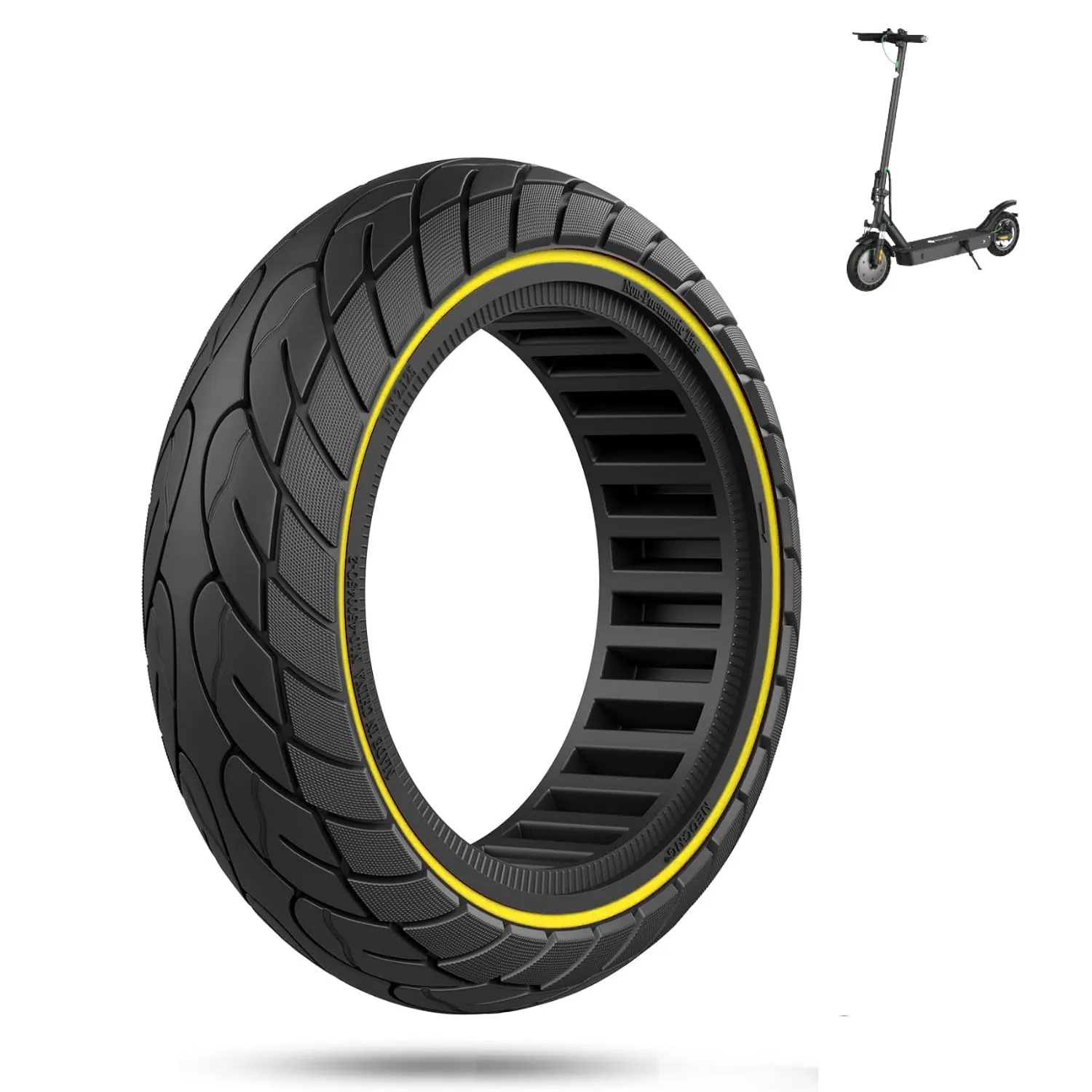 ECOVELO Pneumatico Solido 10 x 2.125 per Monopattino Elettrico e Scooter Elettrico Gomme Piene Antiforatura Ruote 10” Ricambio (Nero con linea gialla)