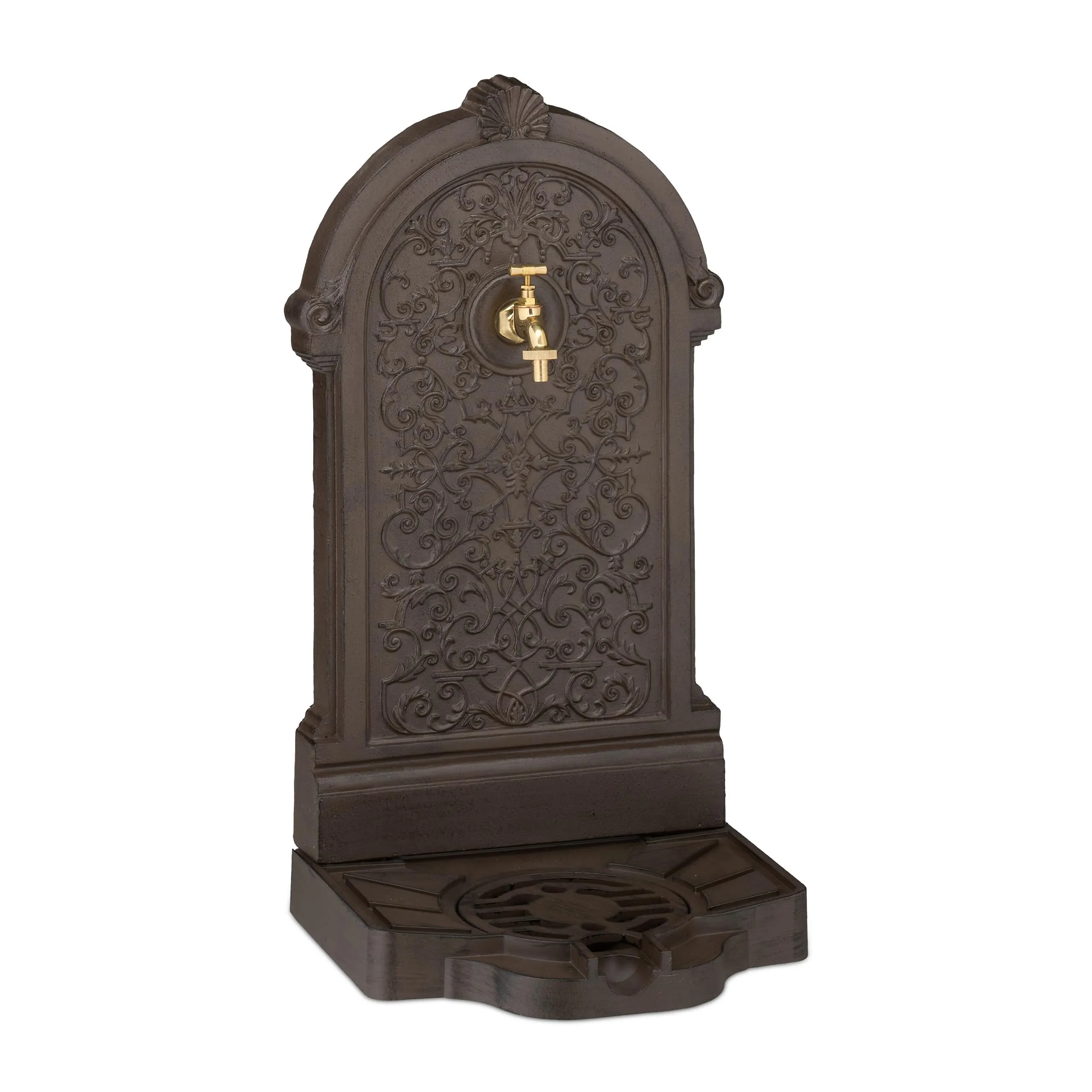 Relaxdays Fontana da Giardino in Stile Antico, 73x39x32 cm, Fontanella da Esterno, Rubinetto Acqua e Vaschetta, Marrone