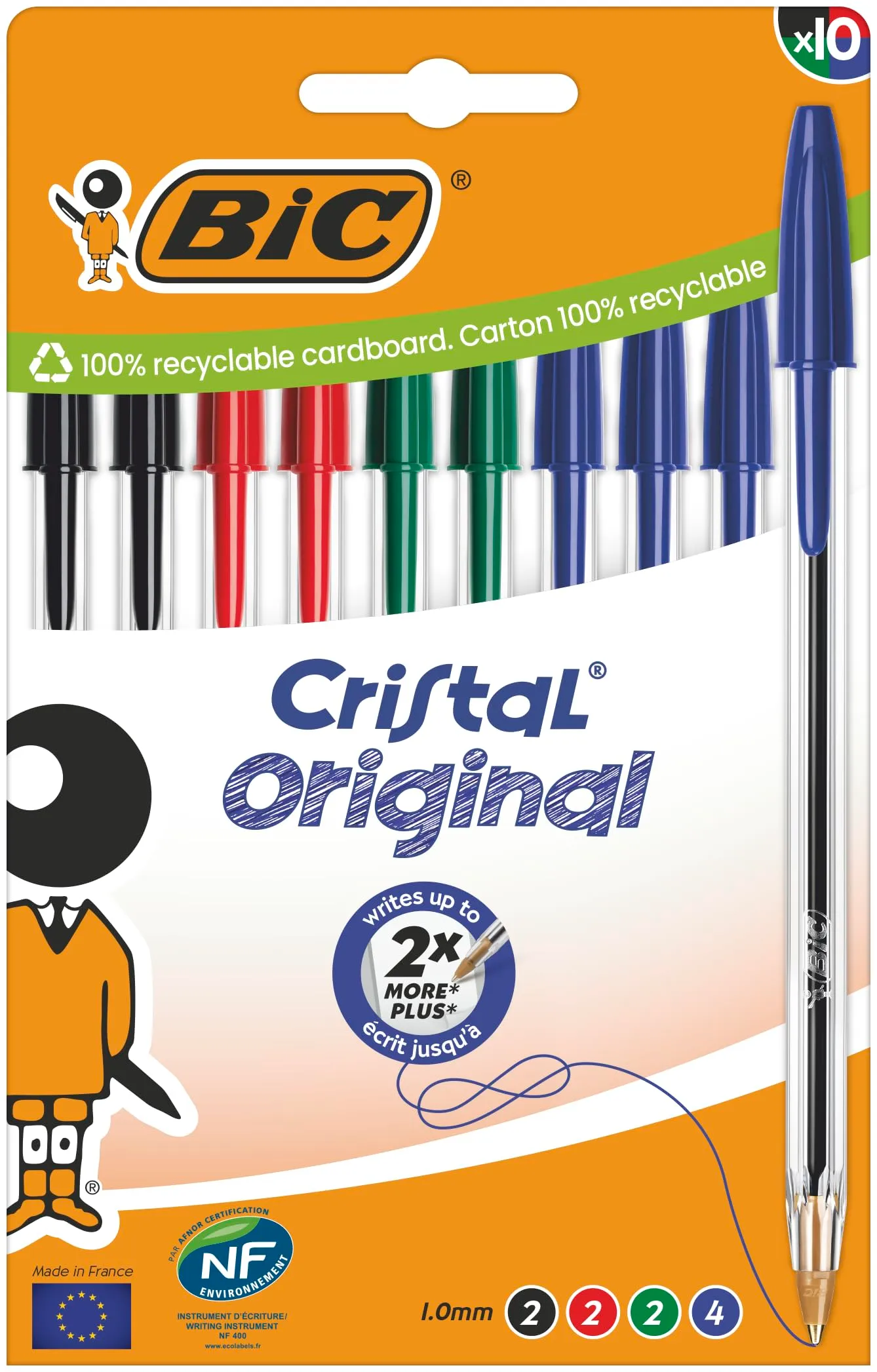 BIC Penne a Sfera Cristal Original con Punta Media (1,00 mm) e Tappi Abbinati al Colore dell’Inchiostro - Colori Assortiti, Confezione da 10