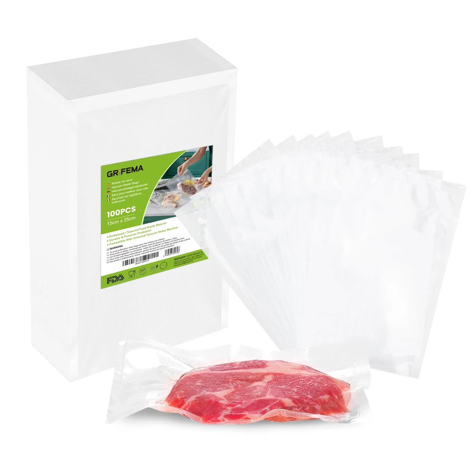 GRIFEMA GH81 Sacchetti Sottovuoto per Alimentari, 100 Buste 15x25 cm