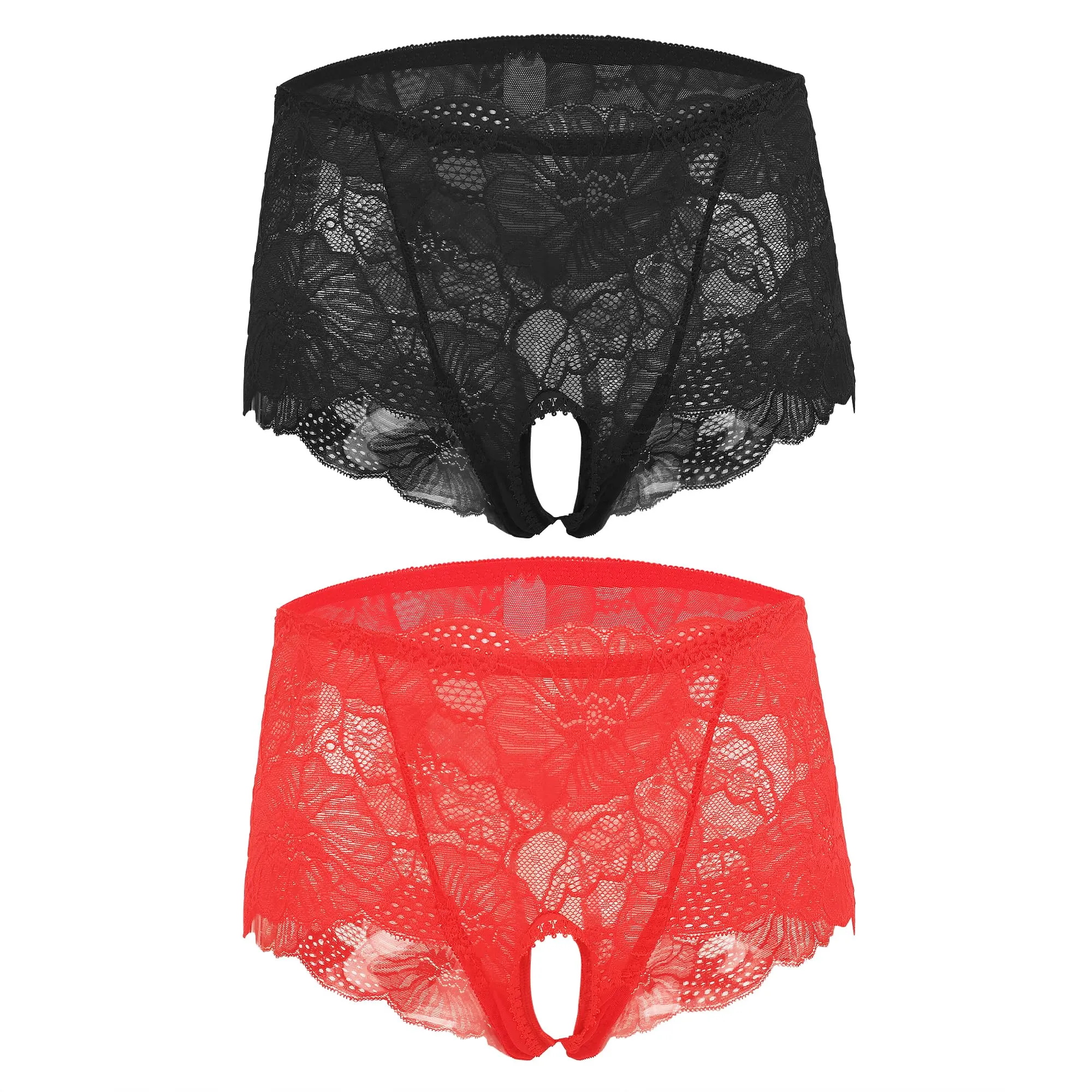 TINAYAUE Perizoma aperto da donna, 2 pezzi, slip trasparenti in pizzo, lingerie sotto abito per ragazza sexy, taglia grande (circonferenza dell'anca 100-105 cm), nero+rosso