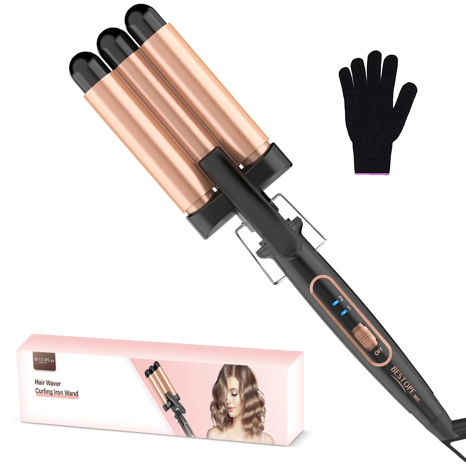 Piastra Onde per Capelli Ferro Arricciacapelli 22mm - BESTOPE MIX Ferro Arricciacapelli 3 Tubi Piastra Capelli Onde Ceramica Calore Rapido 150°C/210°C Ferro per Capelli Onde per Capelli Lunghi e Corti