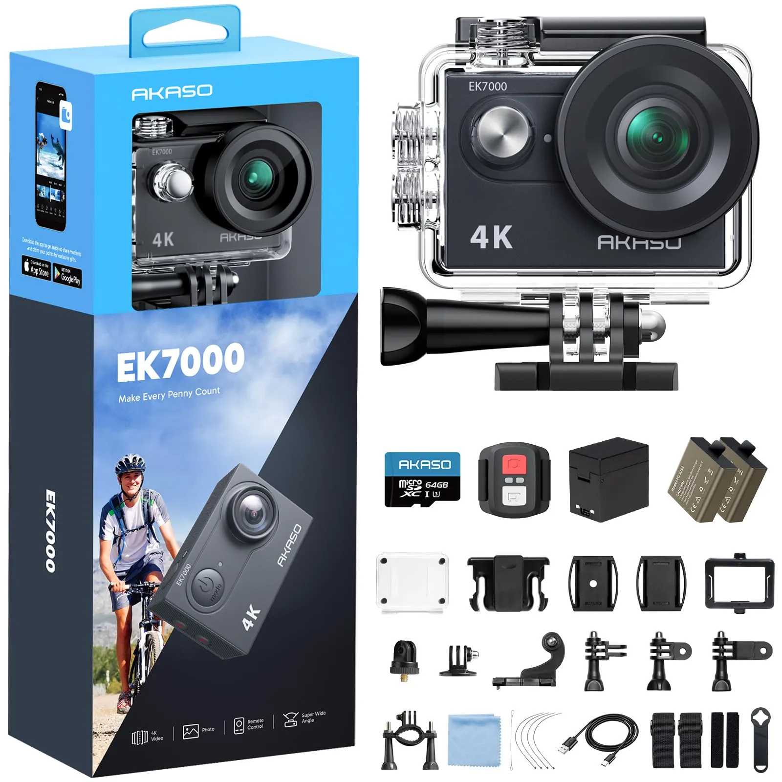 AKASO EK7000 - Action Cam 4K con Scheda di Memoria MicroSDXC da 64GB