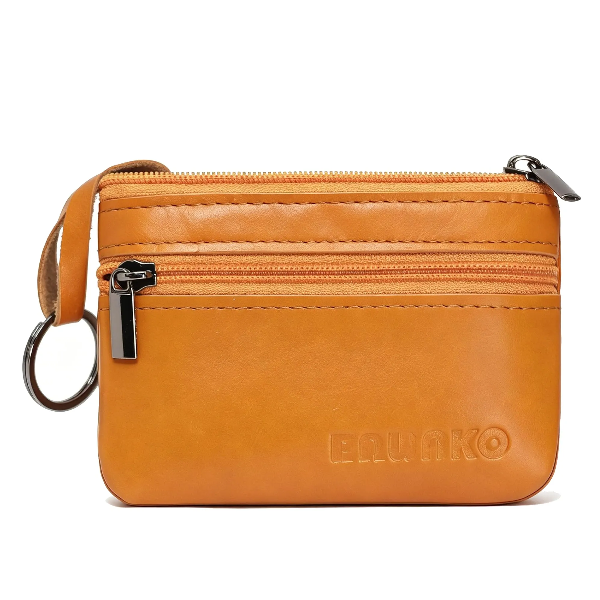 BAWAKO Portafoglio portamonete in vera pelle, piccolo portamonete per uomo e donna, con due scomparti, chiusura lampo, portachiavi Mini Coin Purse, portamonete, arancione,10cm*7cm*0.5cm