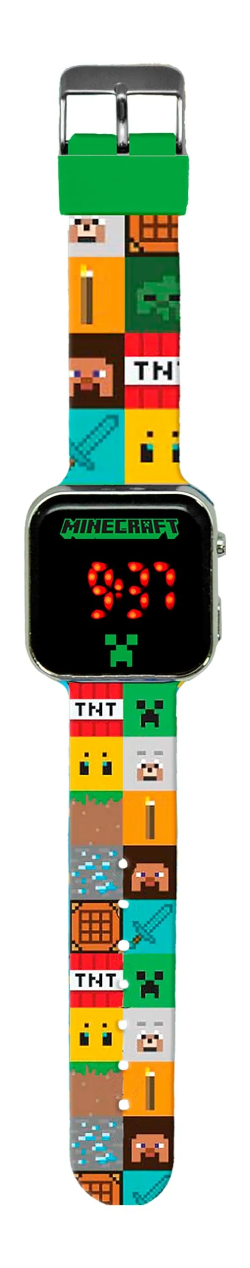 Kids Licensing - Orologio digitale a LED per bambini e bambine con personaggi, ha funzioni di ora, data e cinturino regolabile, Orologio LED Minecraft, Minicraft Variado