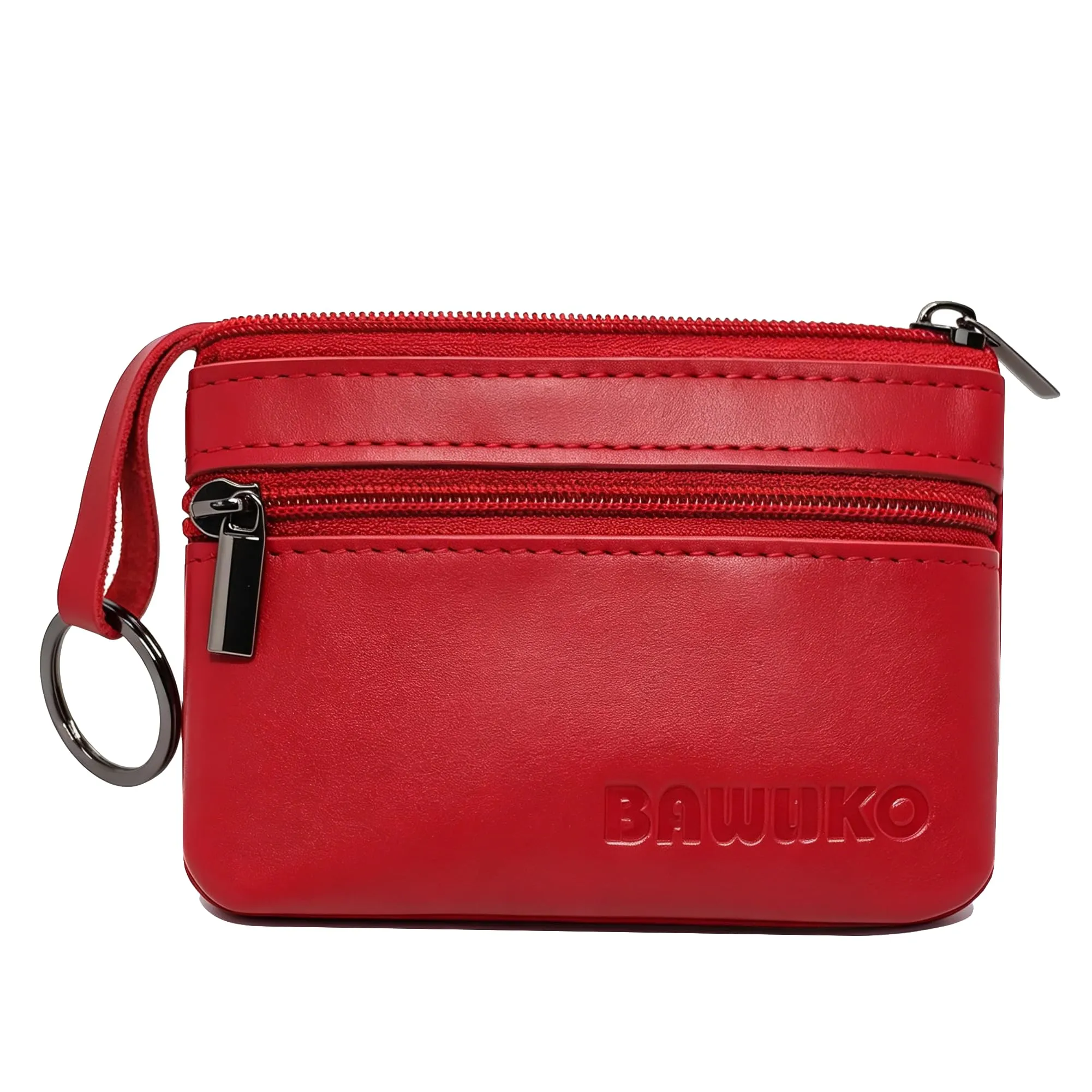 Bawako - Portamonete in vera pelle, portafoglio portamonete piccolo, con 2 scomparti, cerniera e portachiavi, per uomo e donna, Colore: rosso, 10 cm * 7 cm, Classico
