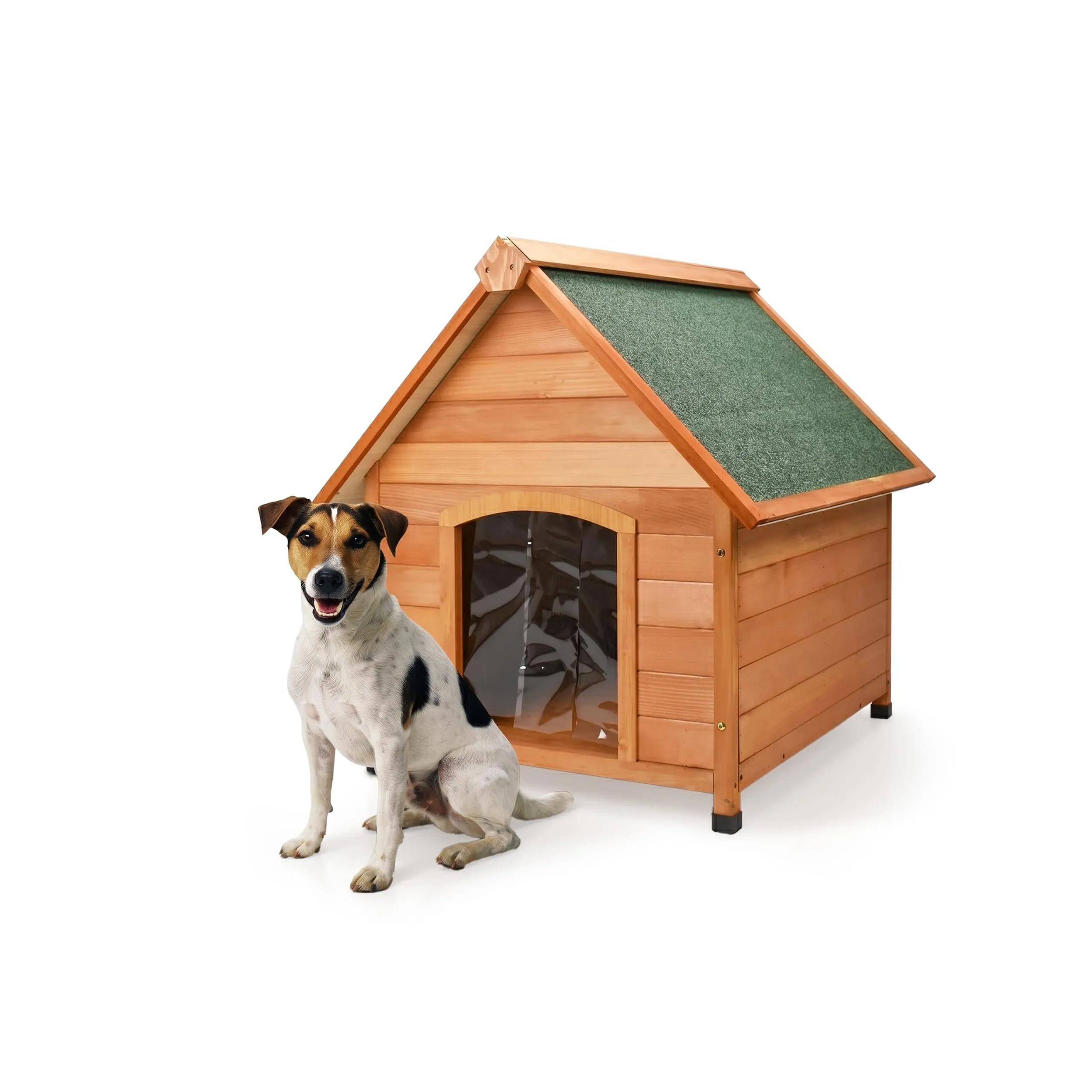 Cuccia in Legno da Esterno per Cane con Tetto Spiovente e Tenda Termica Misura Small/Medium 80x83x86h