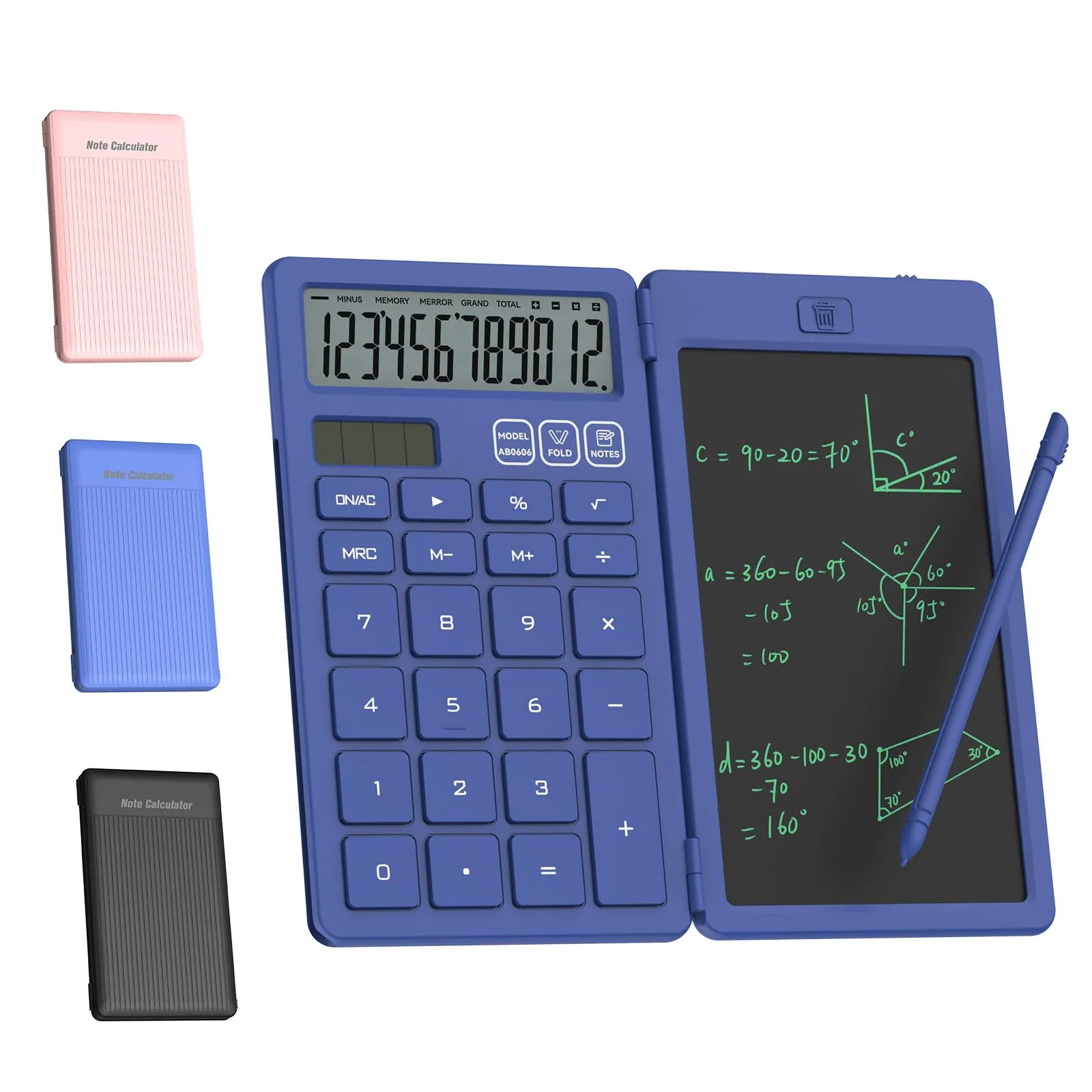 NEWYES Calcolatrice, con Tavoletta da Scrittura e Penna, Alimentata a Energia Solare e a Batteria, Adatta per Studenti, Famiglie, Uffici (blu)