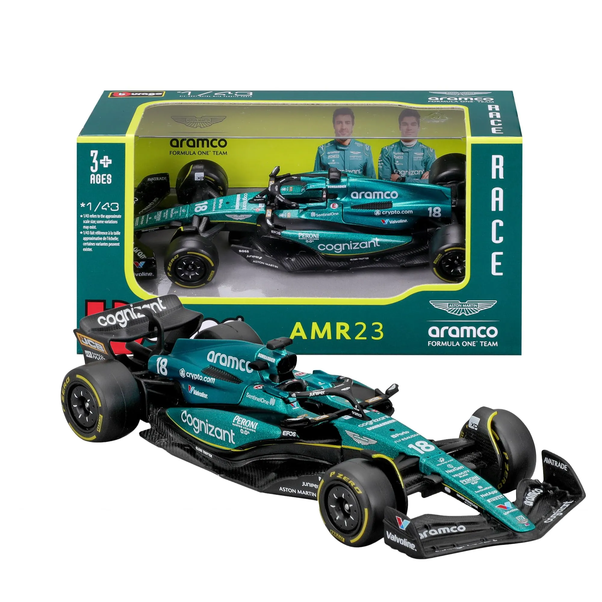 BBURAGO Aston Martin AMR23#18 Stroll - Modellino Realistico Auto F1 in Scala 1:43, Replica Diecast con Licenza Ufficiale Aston Martin, Età Consigliata 3+ Anni