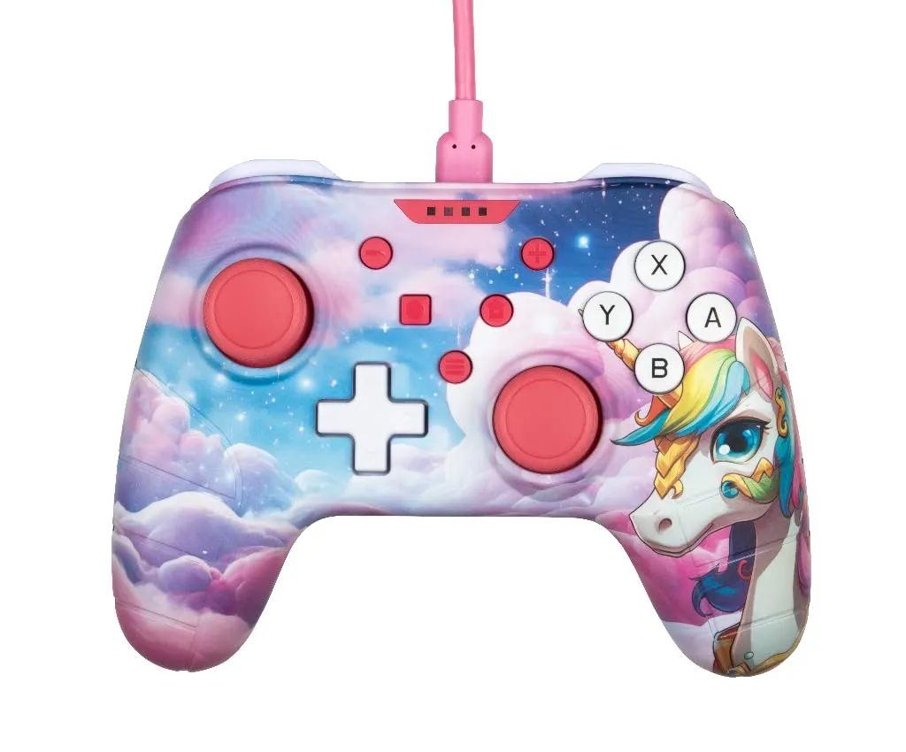 Konix Controller con cavo per Nintendo Switch, Switch 2 e PC - Funzione vibrazione - Impugnature antiscivolo - Cavo da 3 m - Fantasia Be Dreamy, unicorno