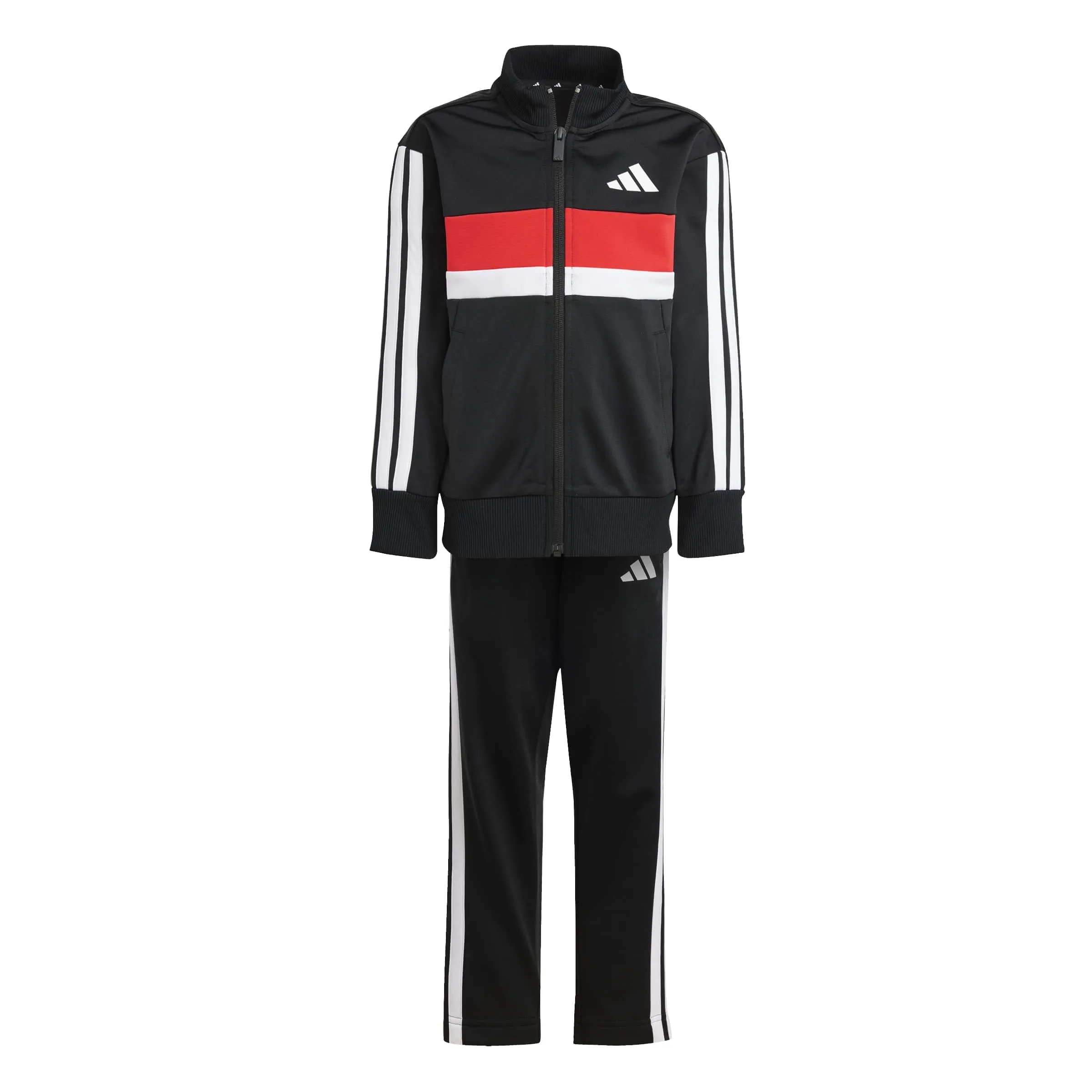 adidas Unisex - Bambini SEASONAL ESSENTIALS TIBERIO 3 STRIPES TRICOT TRACKSUIT, black/white/pure ruby, 4-5 Years