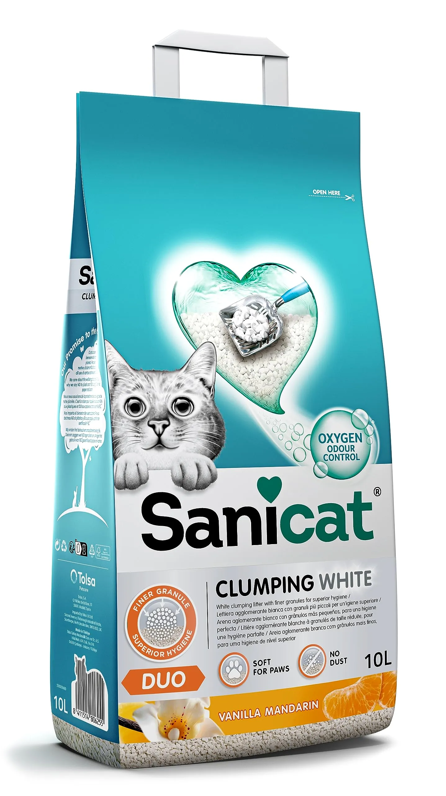 Sanicat - Lettiera per gatti agglomerante a grumi | Formbianca all’aroma di vaniglia e mandarino | A base di minerali naturali | Assorbe l'umidità e formato da 10 L