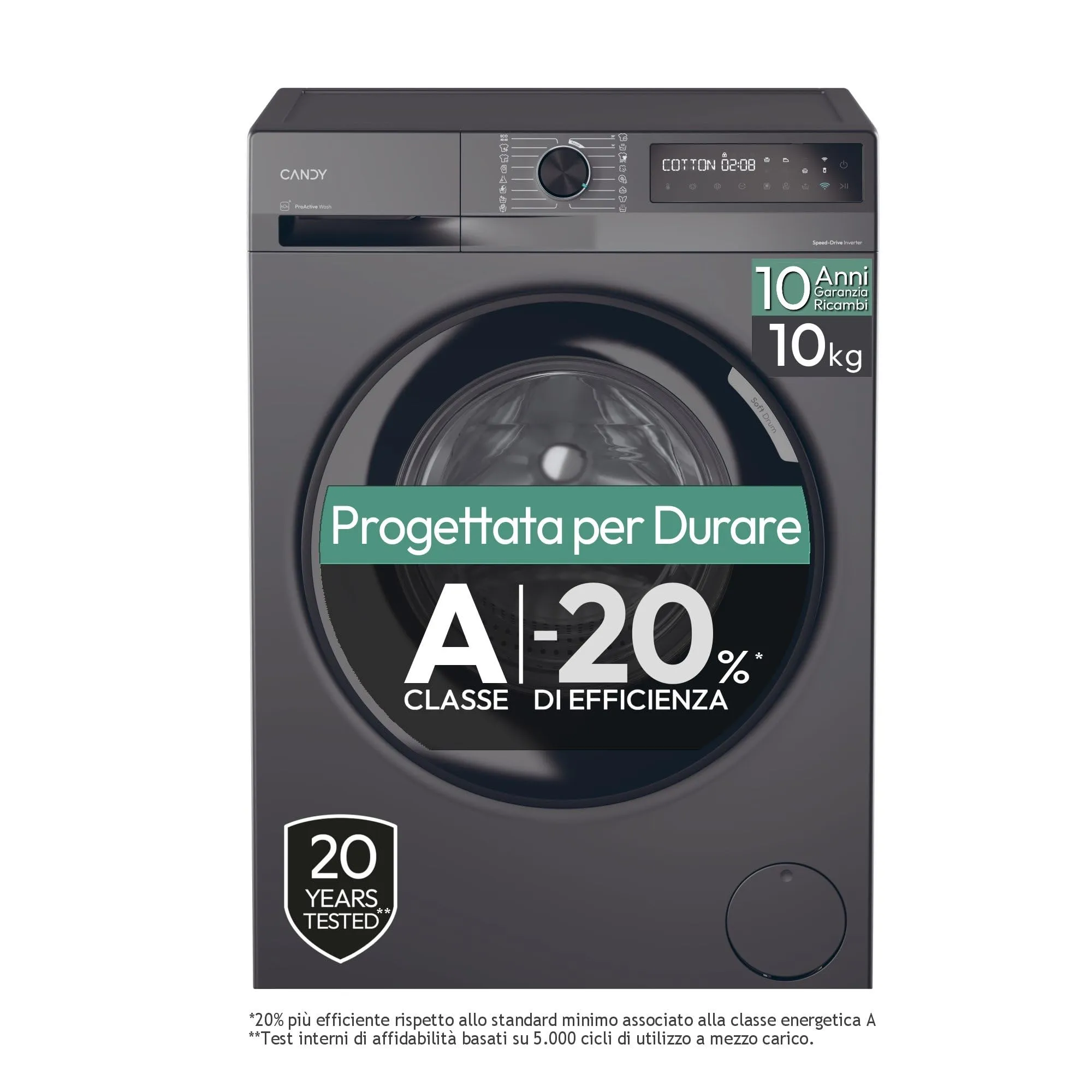 Candy ProWash 500, BR 410B8G-S, Lavatrice a carica frontale, 10 KG, Classe A-20%, 1400 giri, 72 dB, App hOn, 16 programmi, Antracite, AxLxP 85x60x60,1 cm [Classe di efficienza energetica A]
