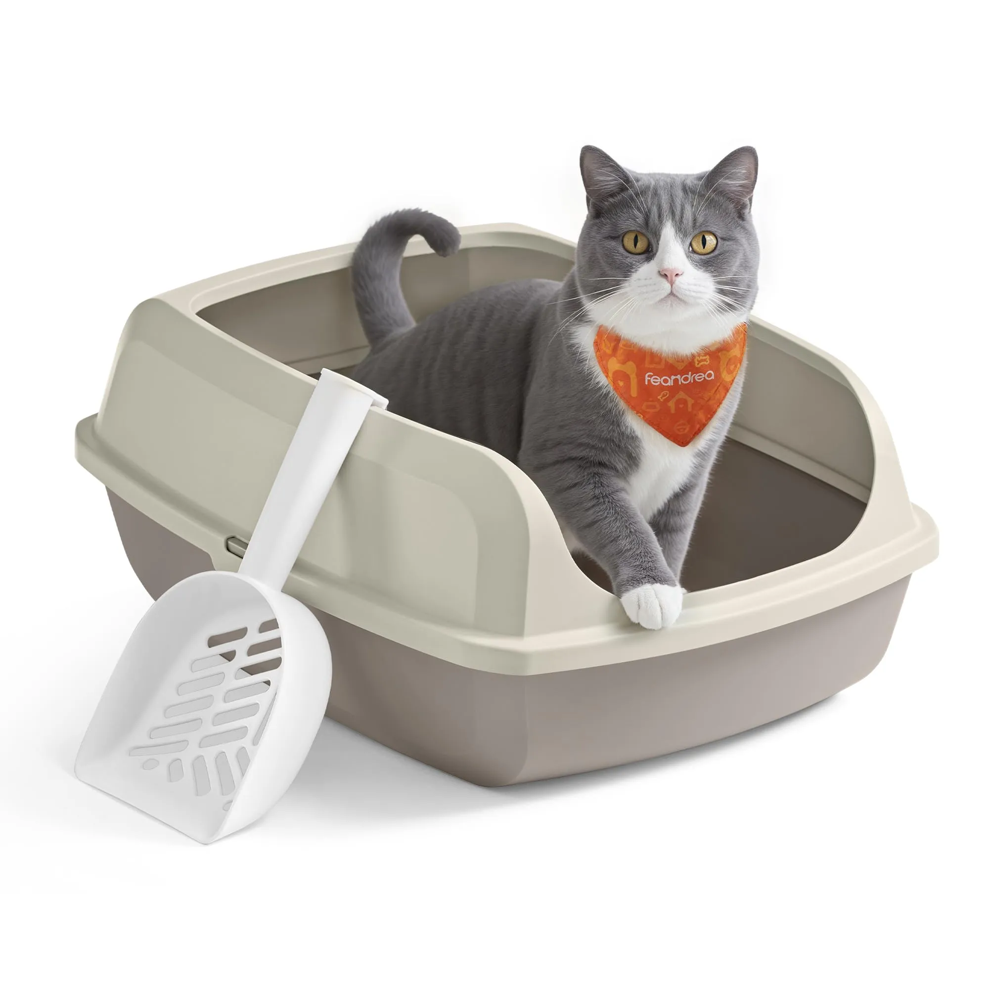 Feandrea Vassoio Lettiera per Gatti con Bordi Alti, XL, Aperto con Paletta, per Gattini e Gatti Grandi, Beige Cappuccino PPT009LH01