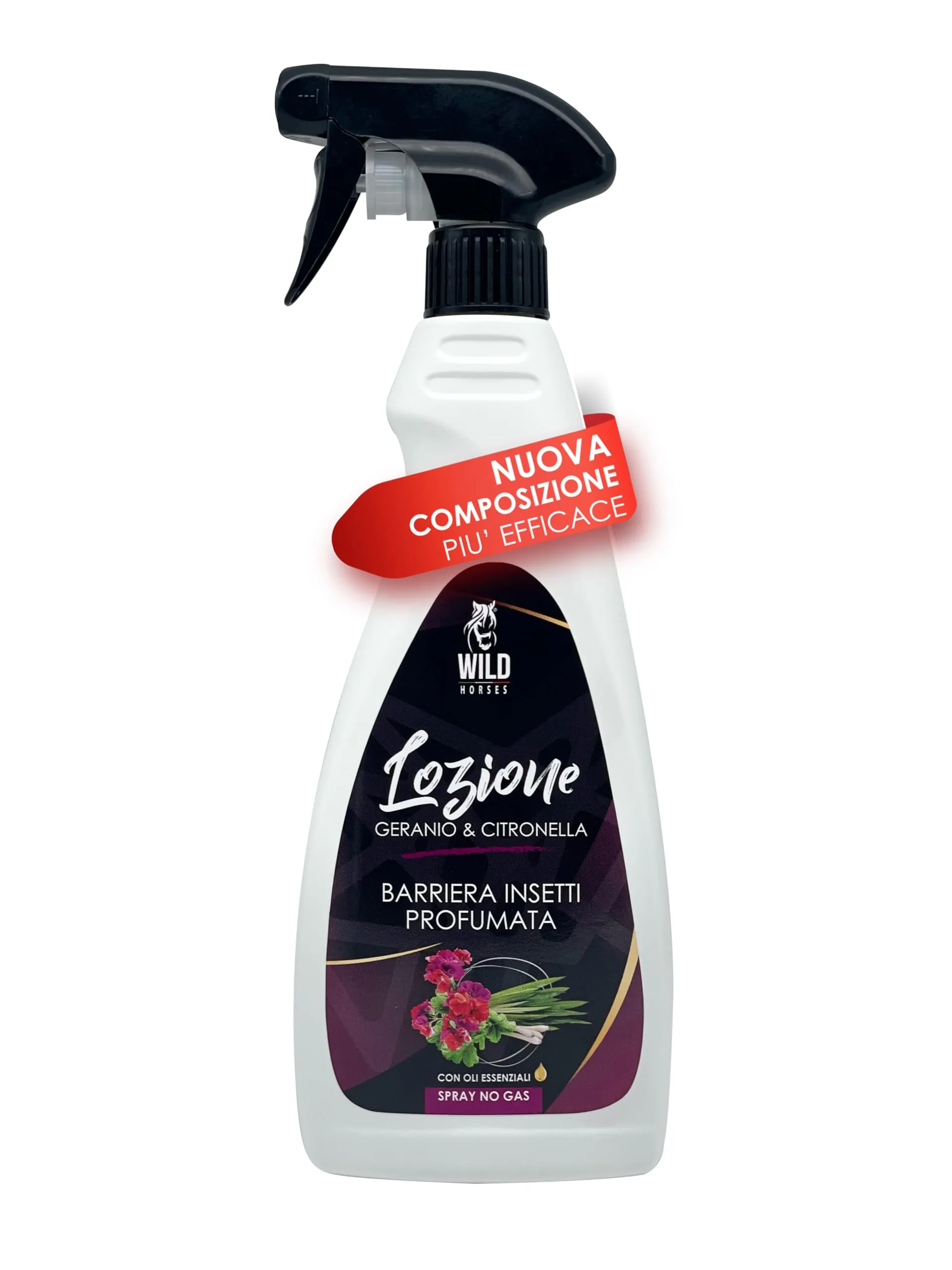 Wild Horses | Lozione Spray Repellente Zanzare e Antiparassitario per Cavalli, 100% Naturale, 500ml, Made in Italy (Geranio e Citronella)