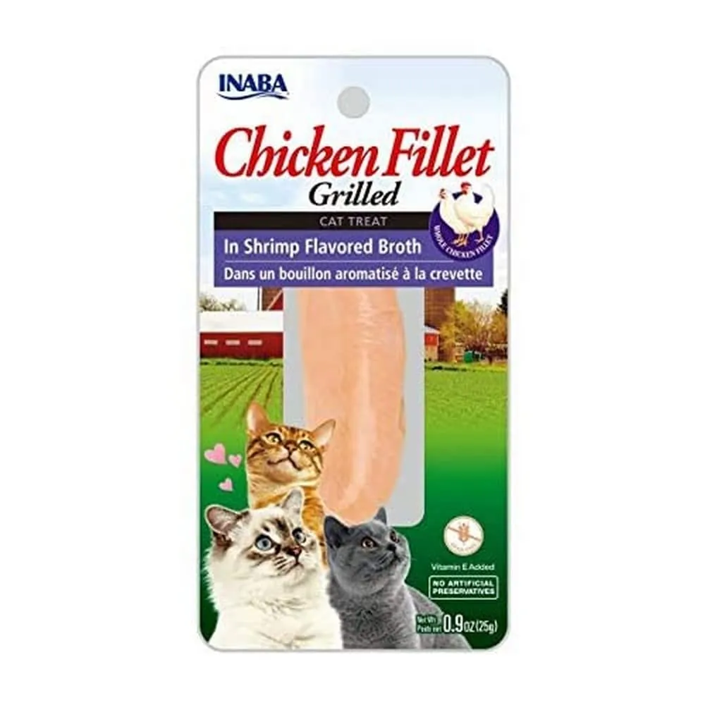 INABA Filetti di Pollo Grigliato per Gatti, in Brodo al Gusto di Gamberetti - Snack Gatto Ricco di Antiossidanti Senza Conservanti o Coloranti Artificiali, Grain-Free - Cibo per Gatti, 1 Filetto x 25g