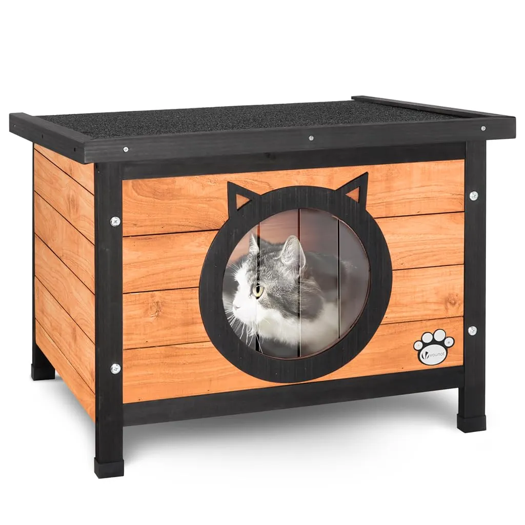 VOUNOT® Casetta per Gatti in Legno con Porta Design Orecchie di Gatto, Cuccia da Esterno Casa per Gatti con Porta e Tetto 57 x 45 x 43 cm