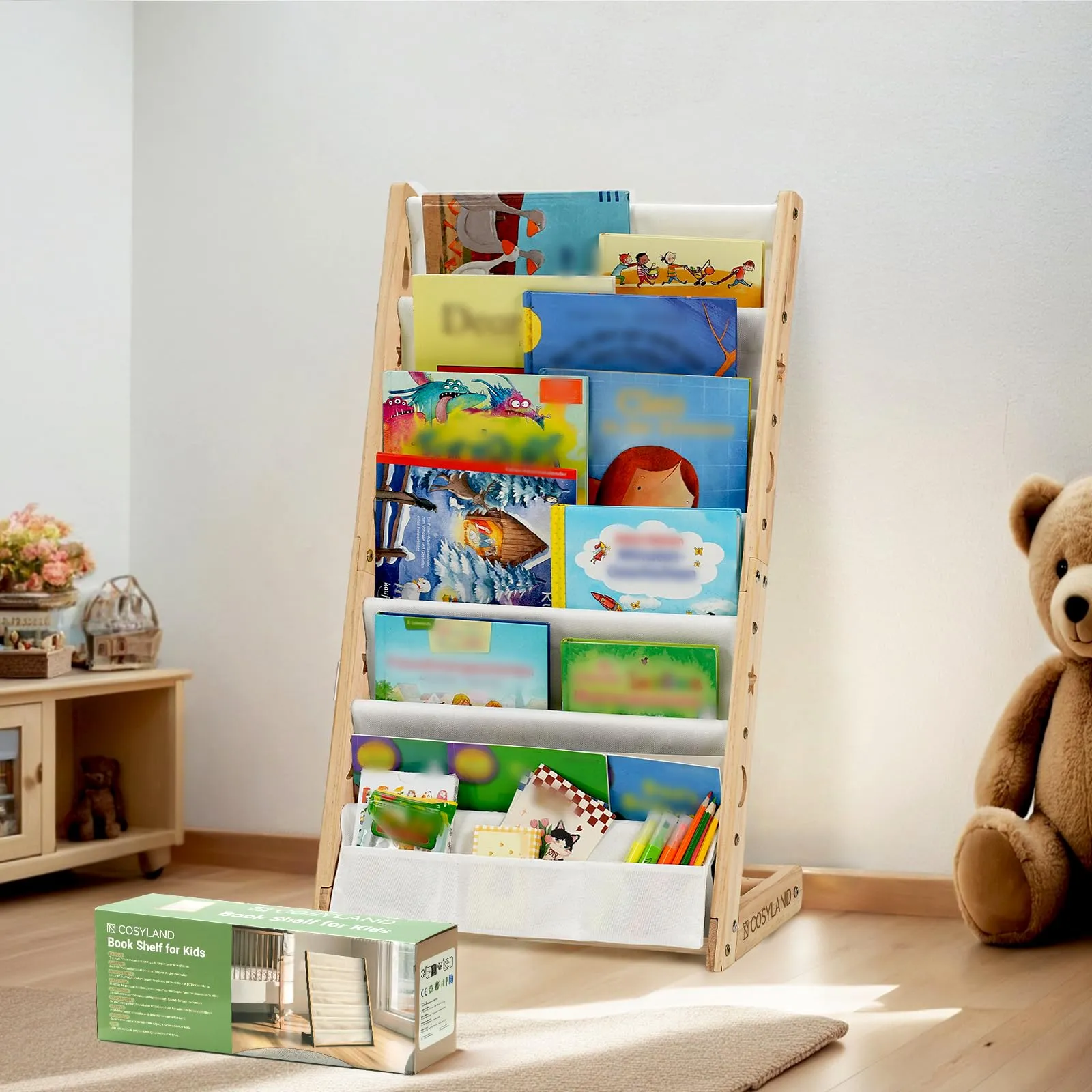COSYLAND Libreria Montessori per Bambini Con 6 Scomparti in Tessuto Oxford - Libreria per Bambini in Legno Naturale - Libreria Montessori Con Bordi Arrotondati e Design Spazio-Saving(Naturale)