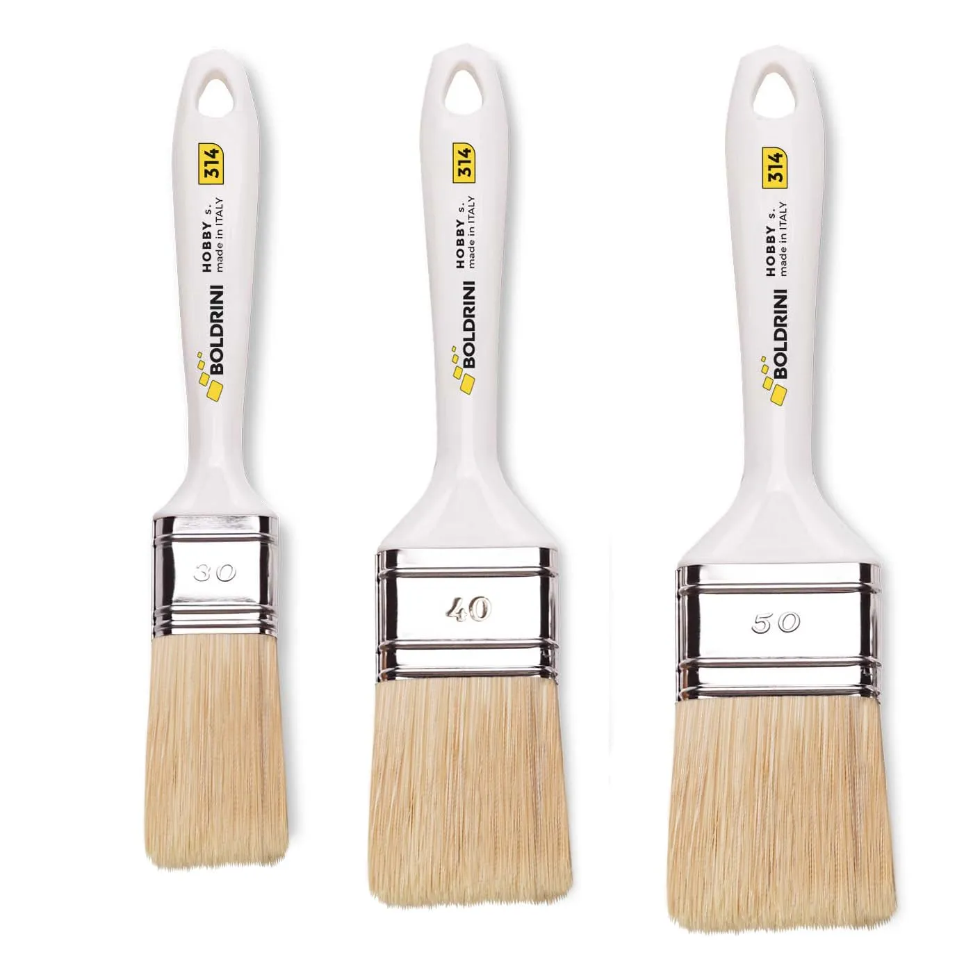 Set 3 Pennelli Boldrini per pittura con Manico in plastica 3/4/5 cm – Ideali per Pareti, Legno e Ferro – Pennelli per Smalti e Idropitture - Colore manico bianco, setola bionda universale