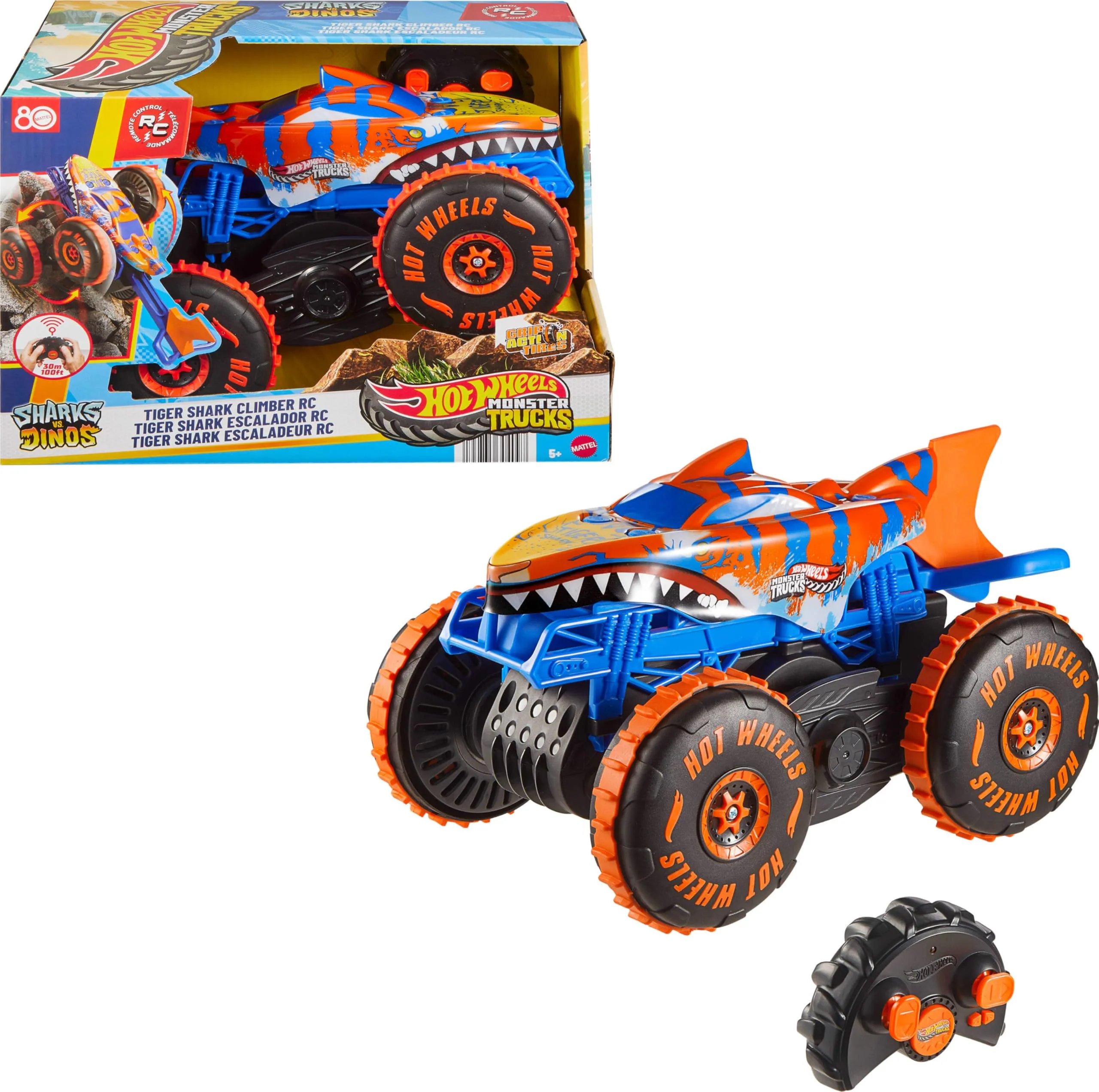 Hot Wheels Monster Trucks Tiger Shark Super Scalatore RC veicolo