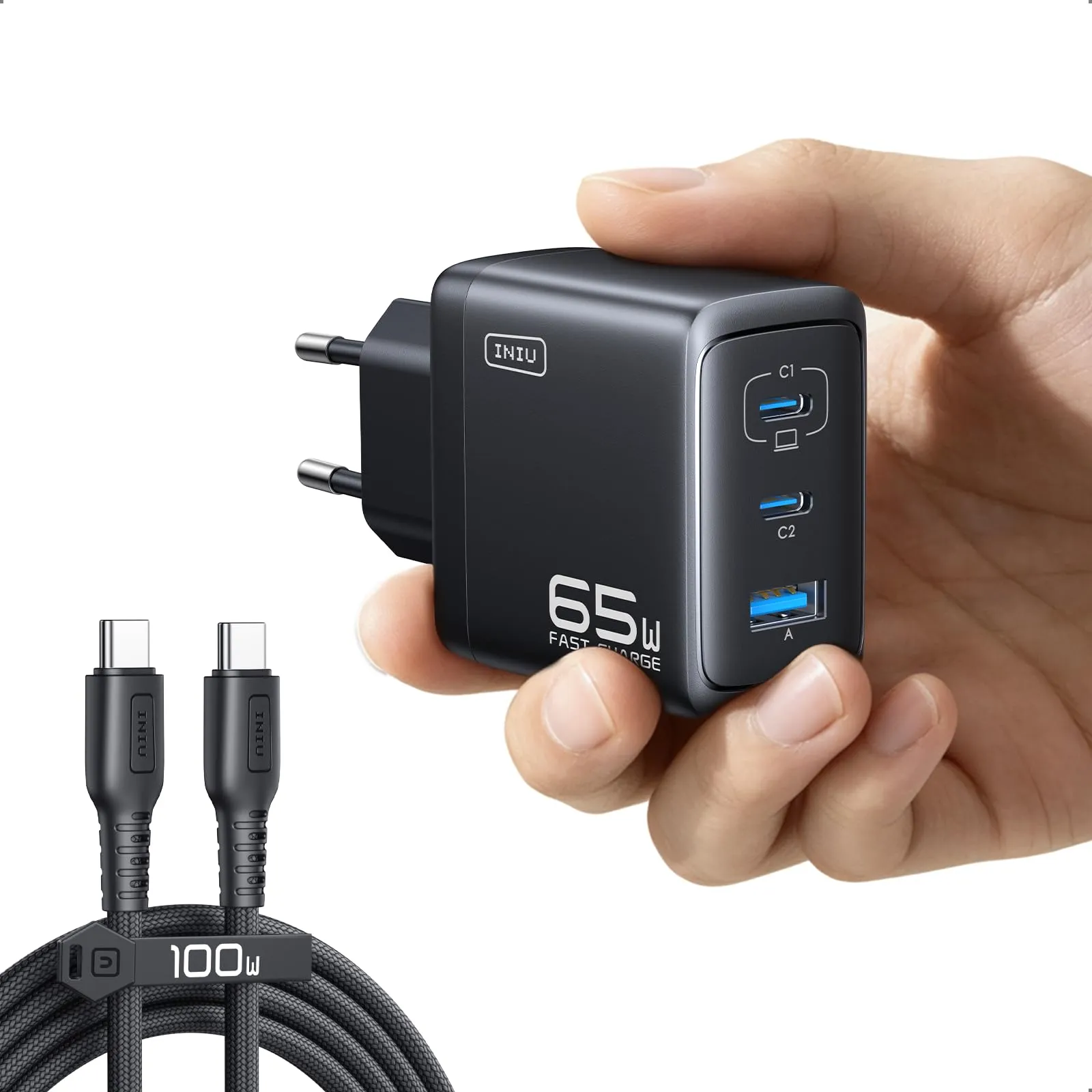 INIU Caricatore USB C 65W, 3-Porte Alimentatore Carica Rapida con 1.5m Cavo