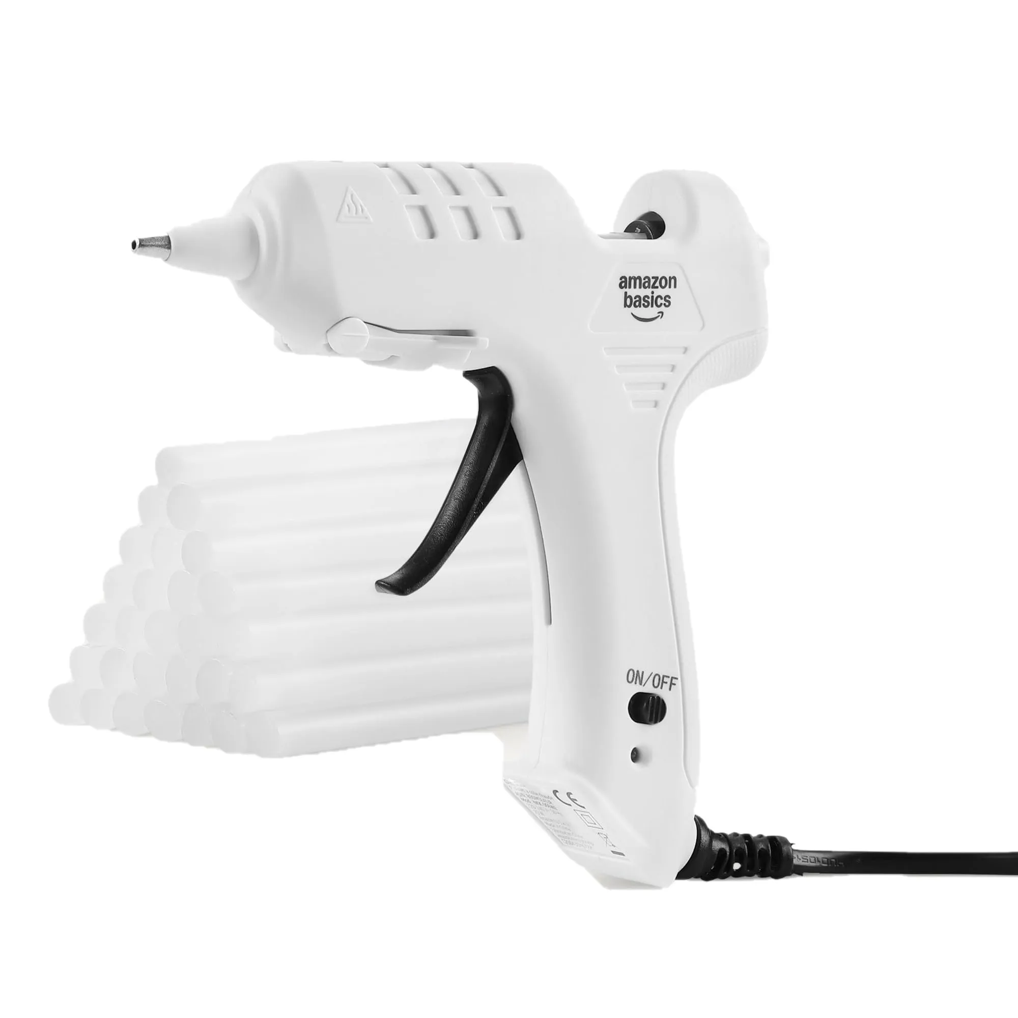 Amazon Basics Kit per pistola per colla a caldo con 30 bastoncini di colla, 20 W, Presa EU, Bianco
